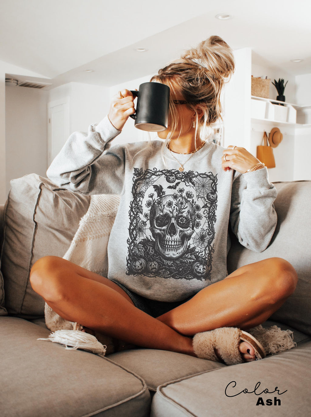 Dark Floral Skull Halloween Shirt, Gothic Skull Tee for Women