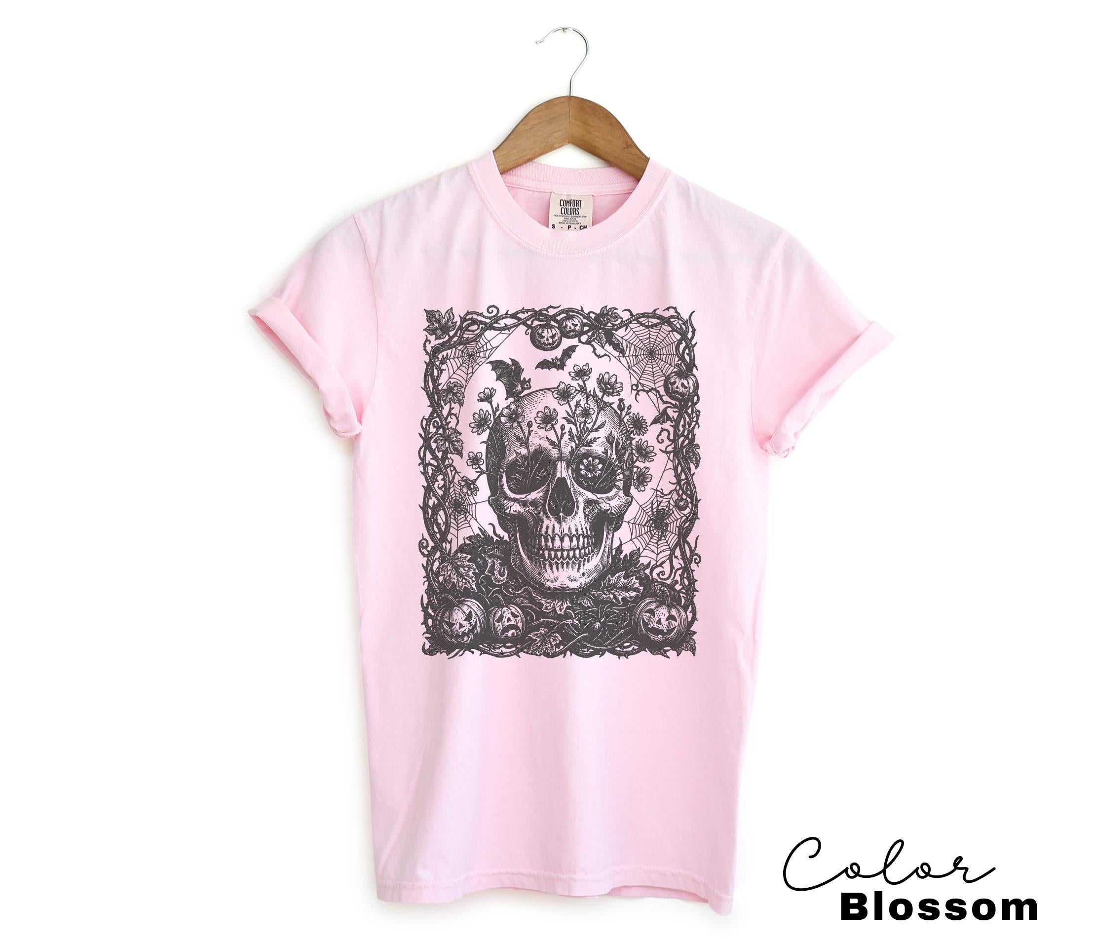 Dark Floral Skull Halloween Shirt, Gothic Skull Tee for Women