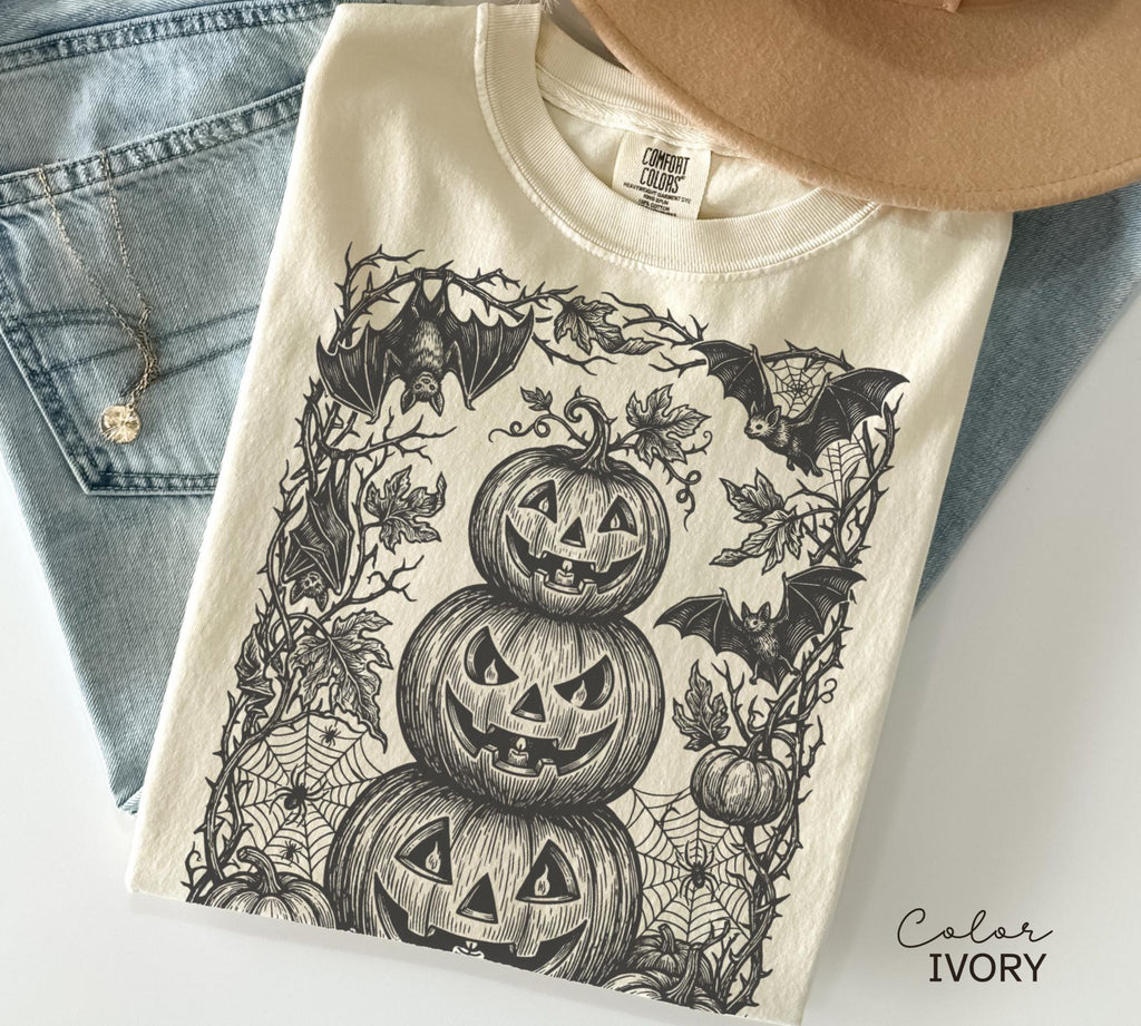 Gothic Jack O Lantern Halloween Shirt, Stacked Pumpkin Tee, Dark Botanical Halloween, Spooky Pumpkin Gift For Her