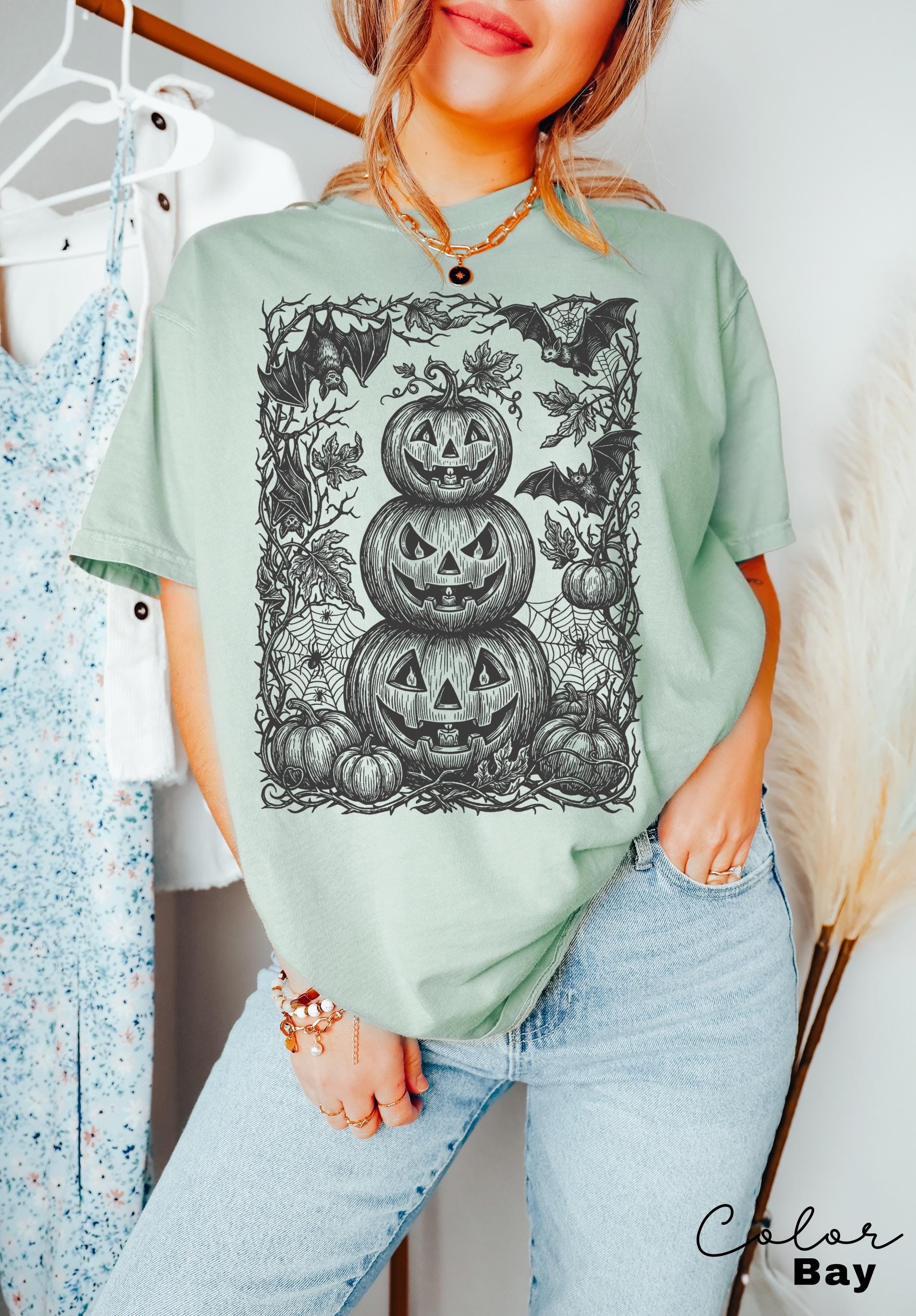 Gothic Jack O Lantern Halloween Shirt, Stacked Pumpkin Tee