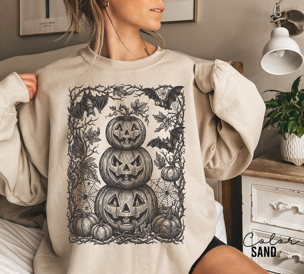 Gothic Jack O Lantern Halloween Shirt, Stacked Pumpkin Tee, Dark Botanical Halloween, Spooky Pumpkin Gift For Her