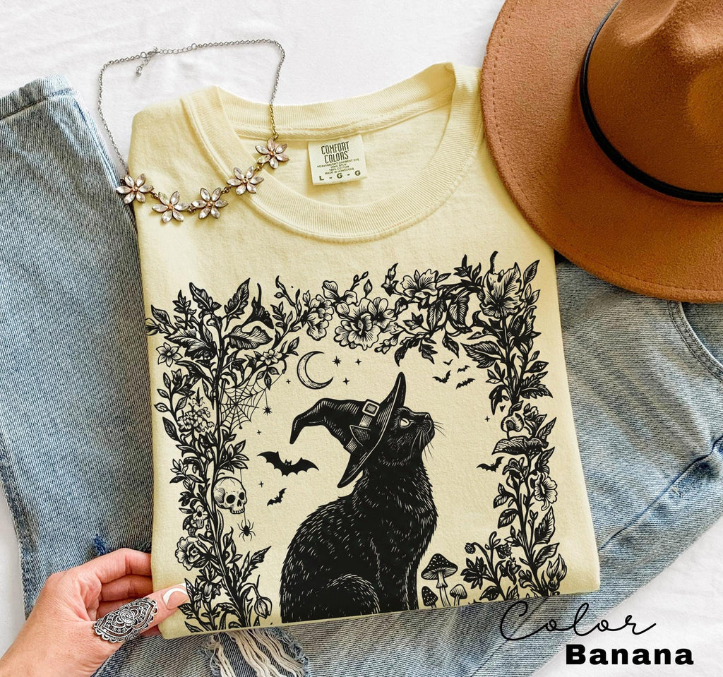 Dark Botanical Black Cat Halloween Shirt, Gothic Cat Tee, Witchy Halloween Cat Gift, Spooky Cat Lover Tee