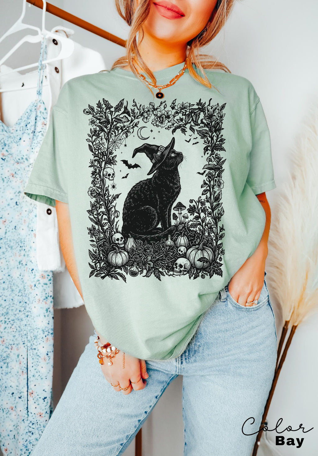 Dark Botanical Black Cat Halloween Shirt, Gothic Cat Tee