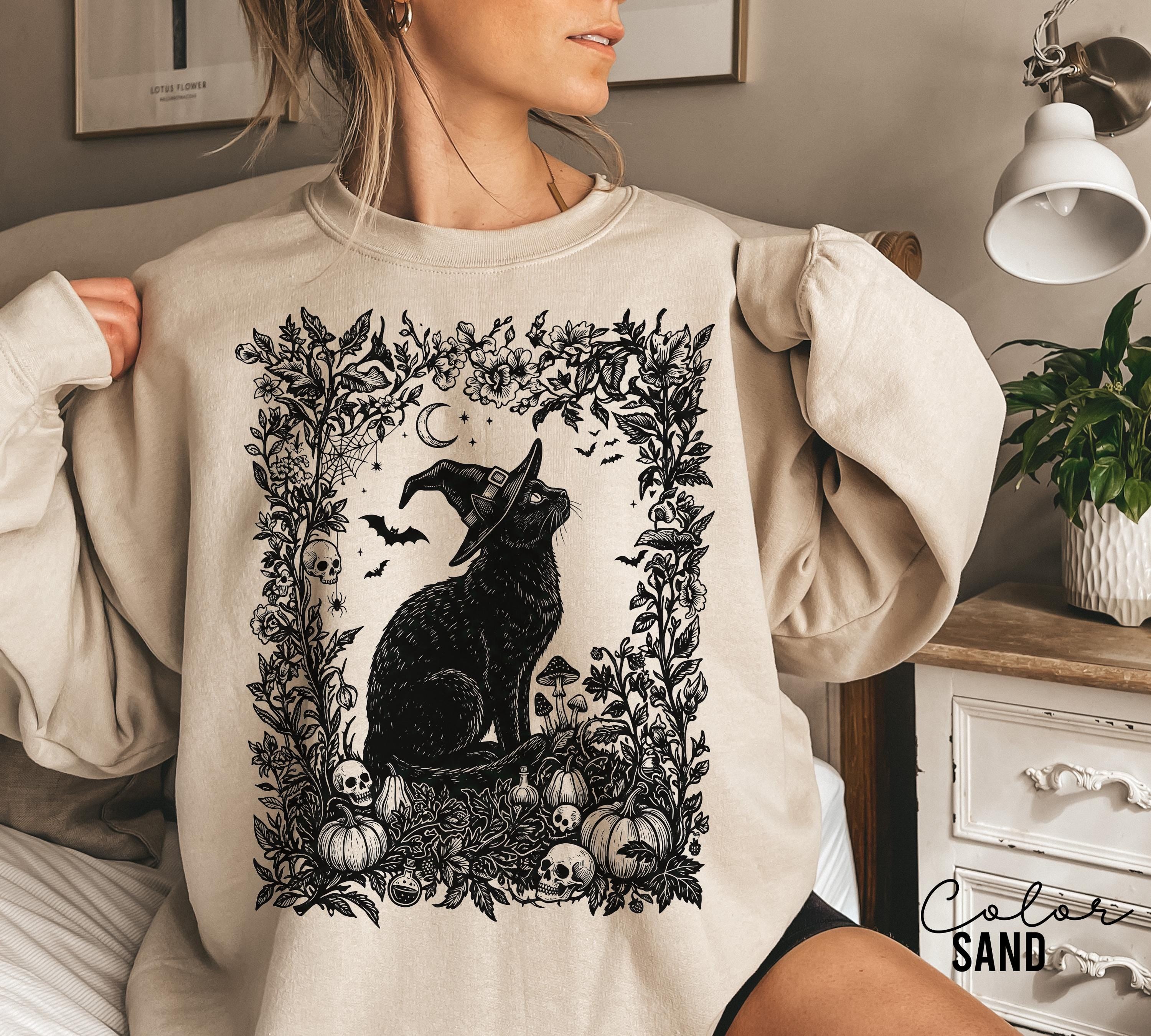 Dark Botanical Black Cat Halloween Shirt, Gothic Cat Tee, Witchy Halloween Cat Gift, Spooky Cat Lover Tee