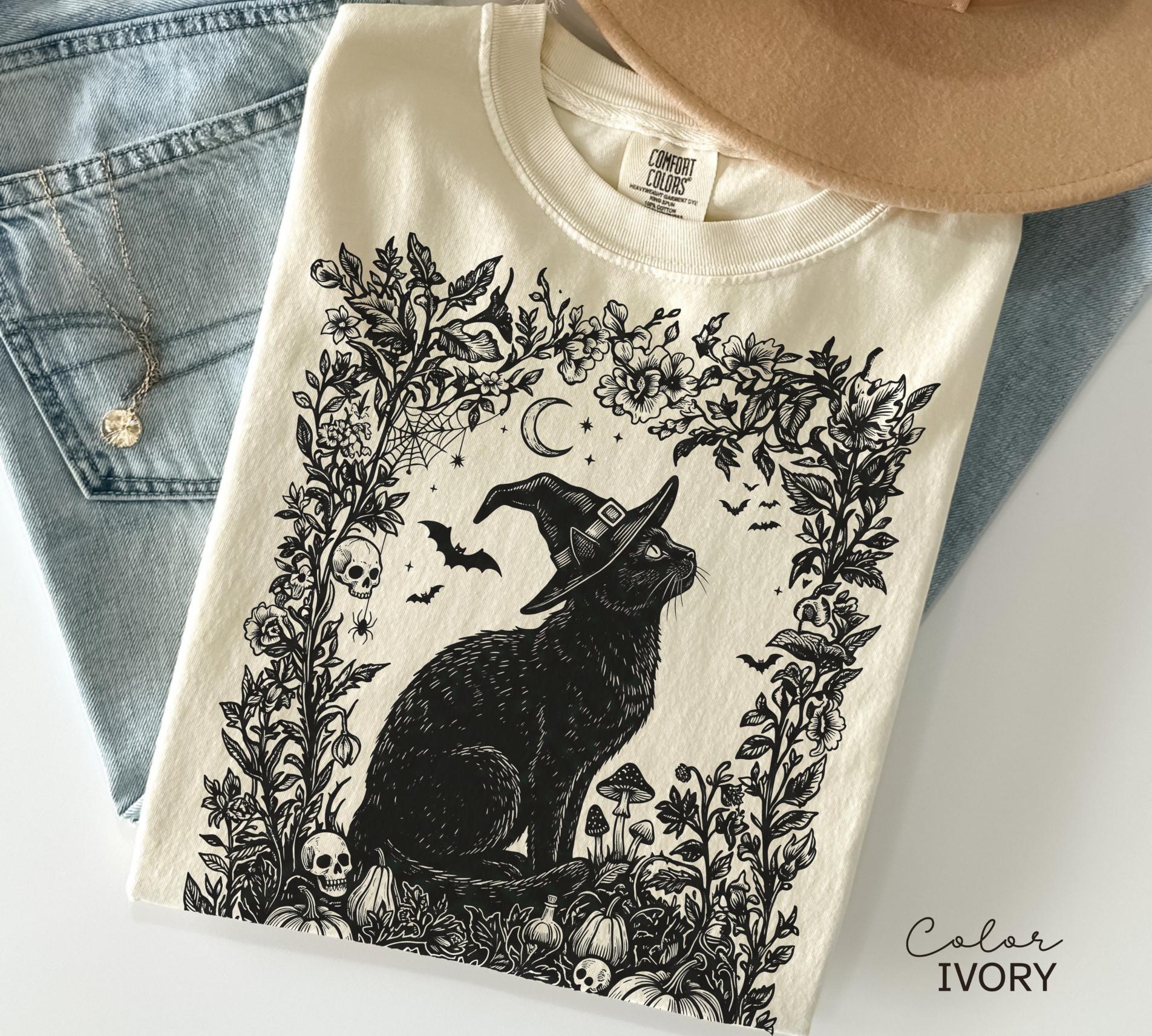 Dark Botanical Black Cat Halloween Shirt, Gothic Cat Tee, Witchy Halloween Cat Gift, Spooky Cat Lover Tee
