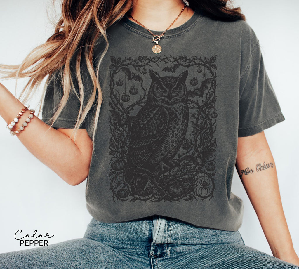 Gothic Owl Halloween Shirt, Dark Botanical Owl Tee, Witchy Owl Halloween Gift, Dark Academia Tee