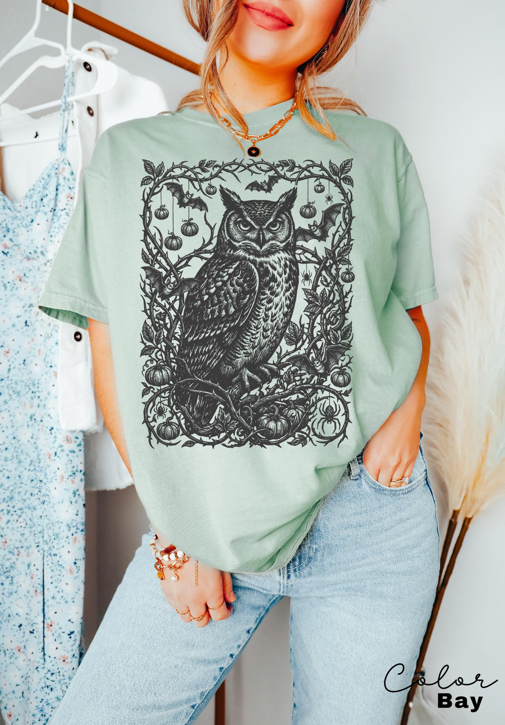 Gothic Owl Halloween Shirt, Dark Botanical Owl Tee