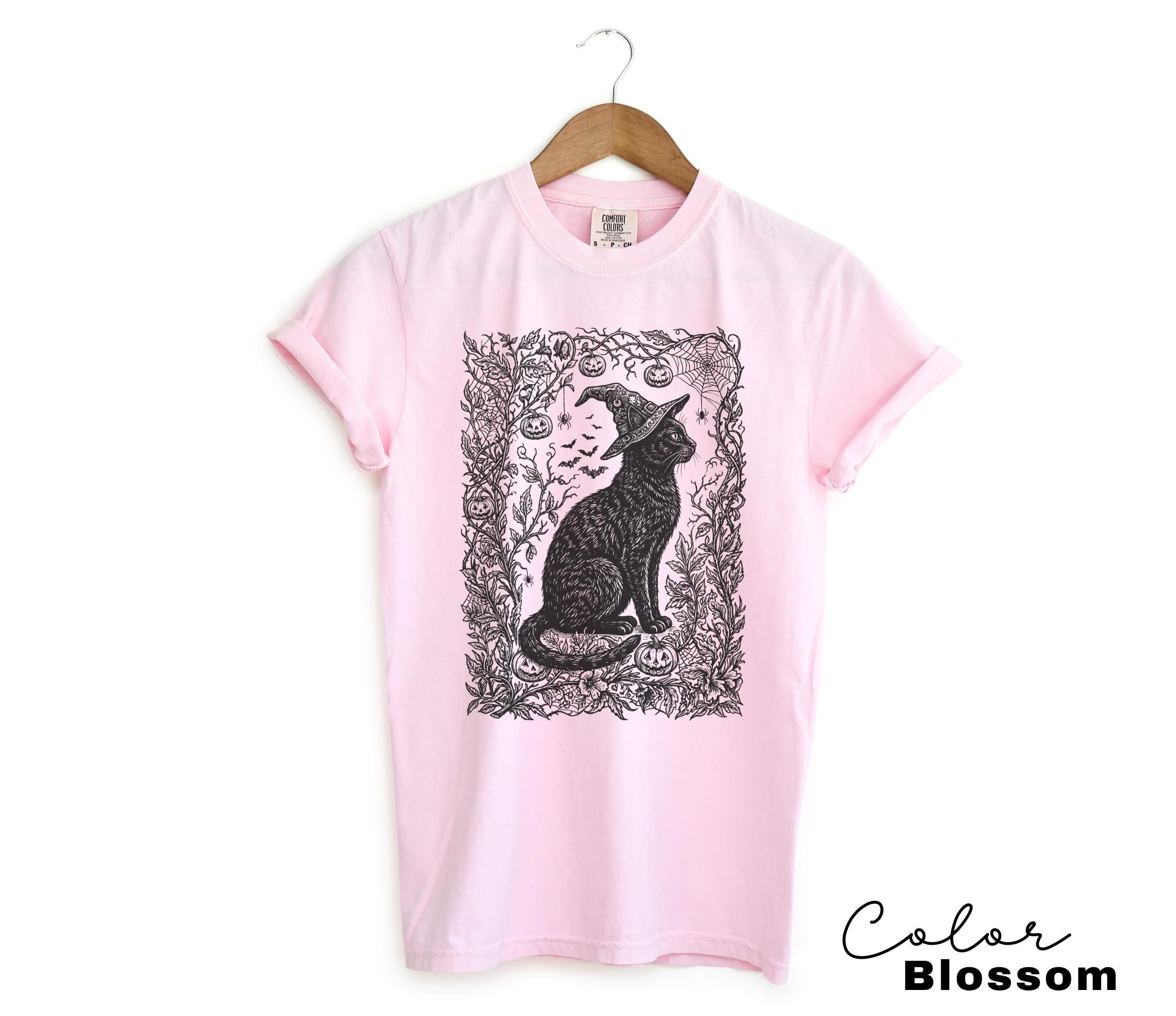 Witchy Black Cat Halloween Shirt, Gothic Cat Botanical Tee, Dark Floral Cat Halloween, Cat Lover Spooky Gift
