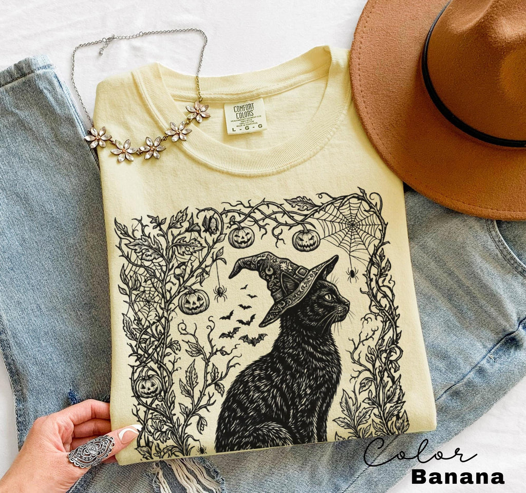 Witchy Black Cat Halloween Shirt, Gothic Cat Botanical Tee, Dark Floral Cat Halloween, Cat Lover Spooky Gift