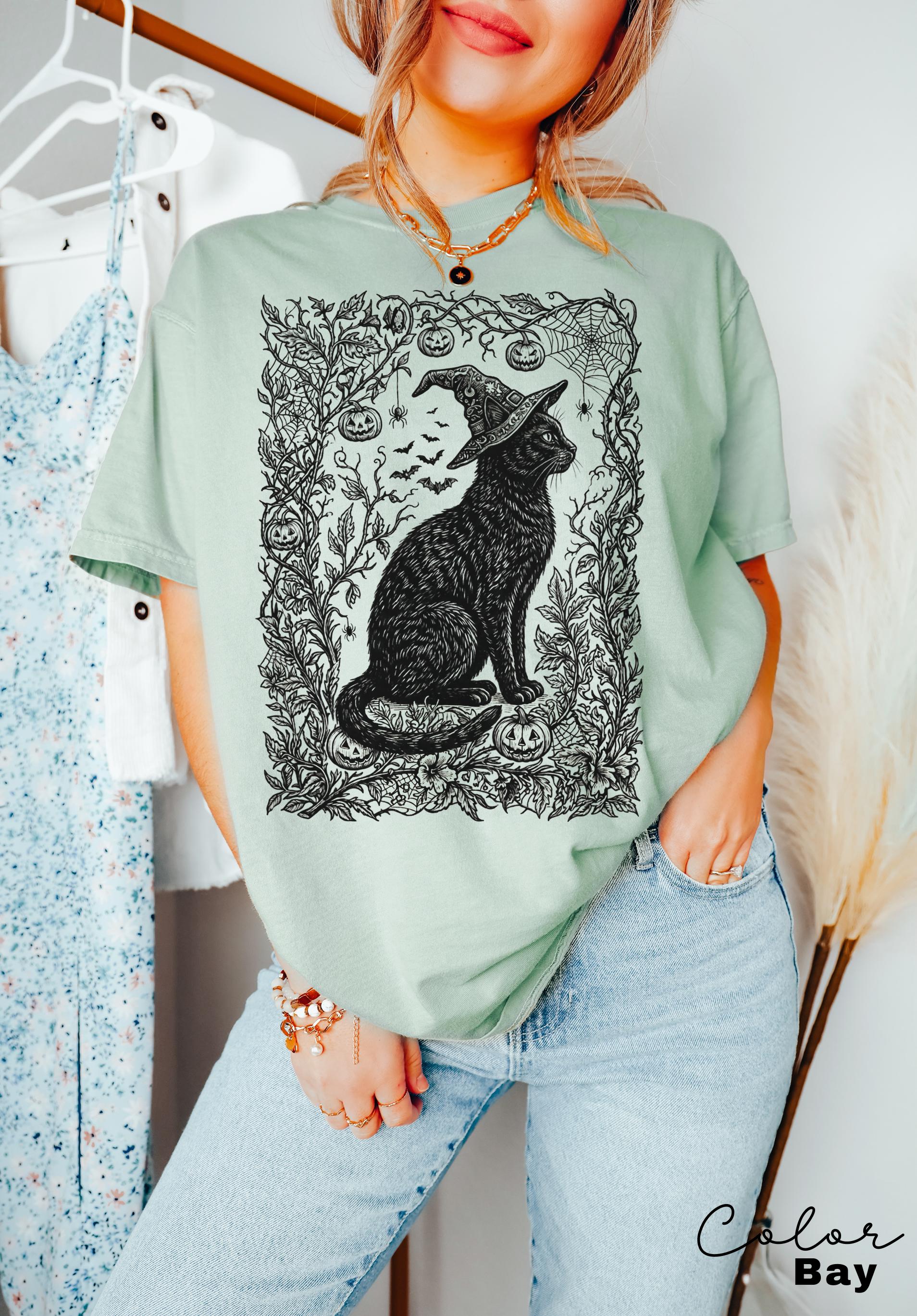 Witchy Black Cat Halloween Shirt, Gothic Cat Botanical Tee, Dark Floral Cat Halloween, Cat Lover Spooky Gift