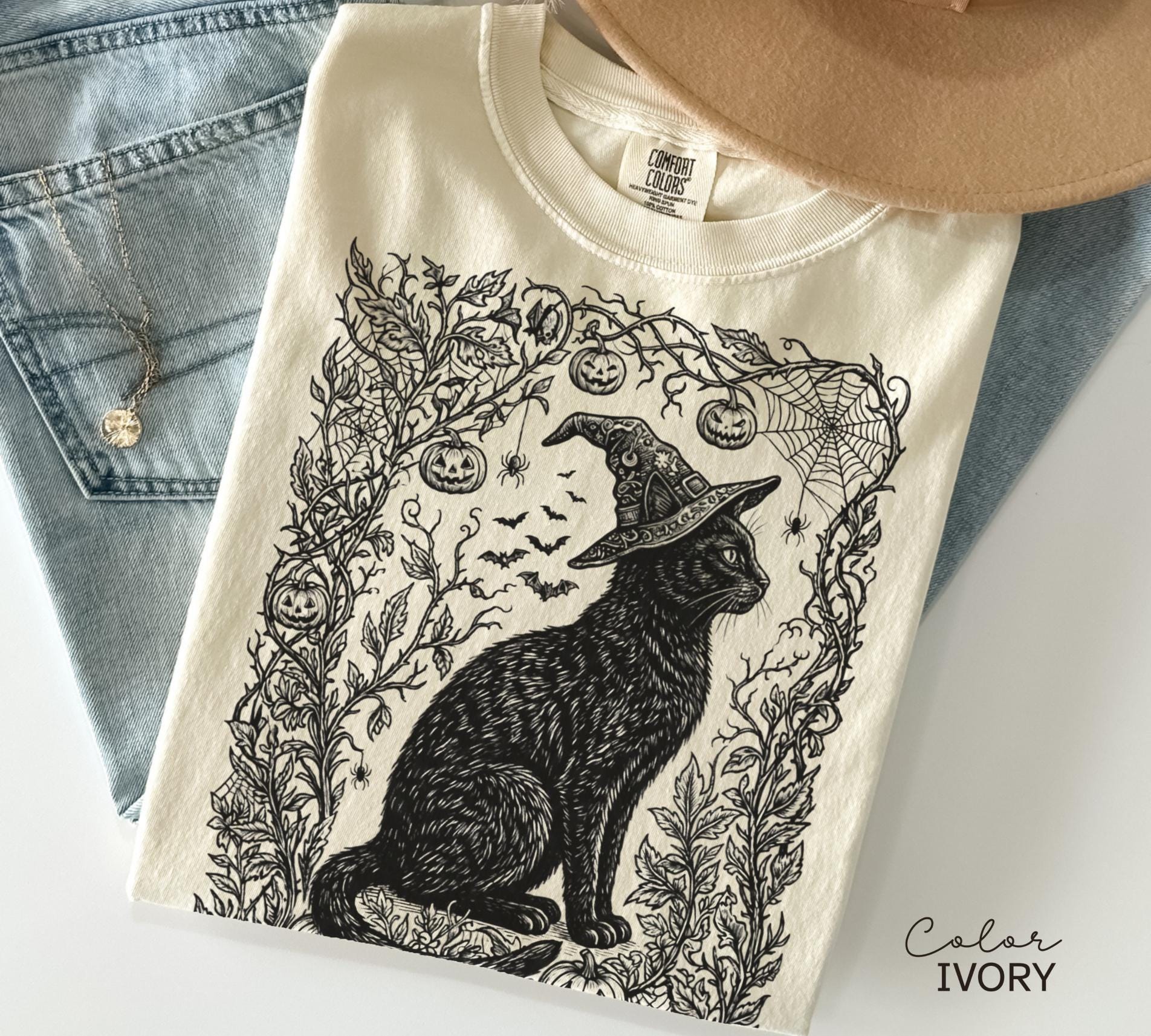 Witchy Black Cat Halloween Shirt, Gothic Botanical Cat Tee
