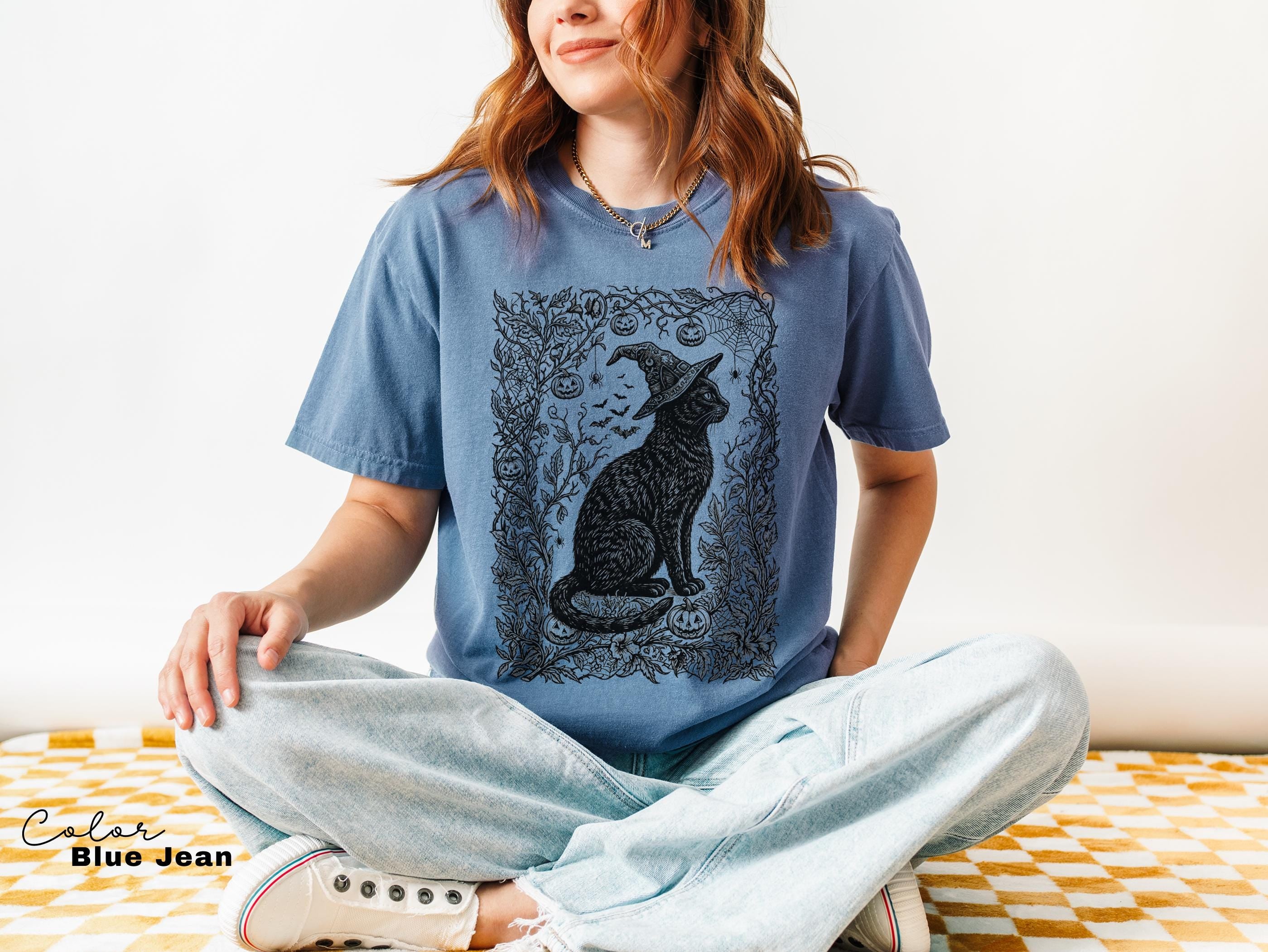 Witchy Black Cat Halloween Shirt, Gothic Botanical Cat Tee
