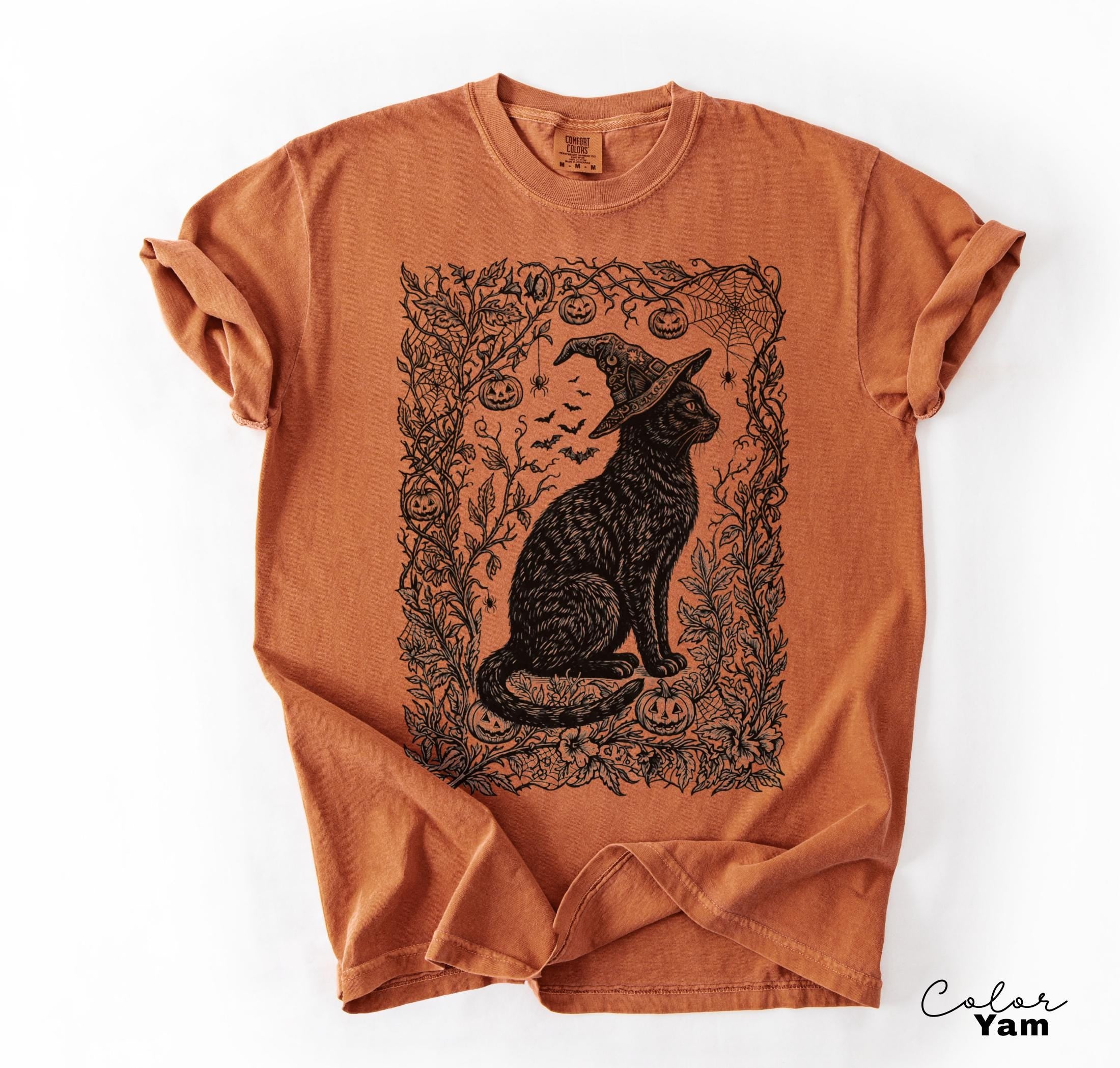 Witchy Black Cat Halloween Shirt, Gothic Botanical Cat Tee