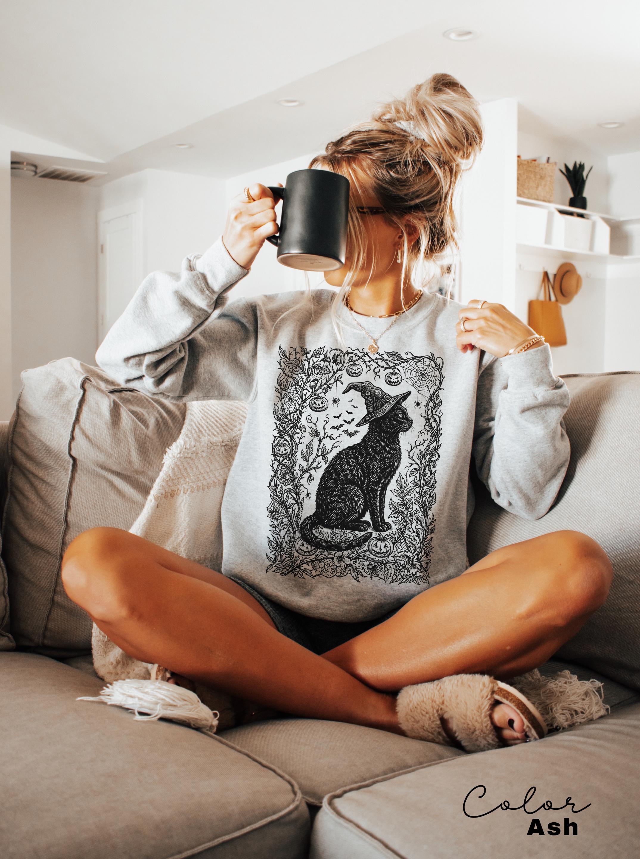Witchy Black Cat Halloween Shirt, Gothic Botanical Cat Tee