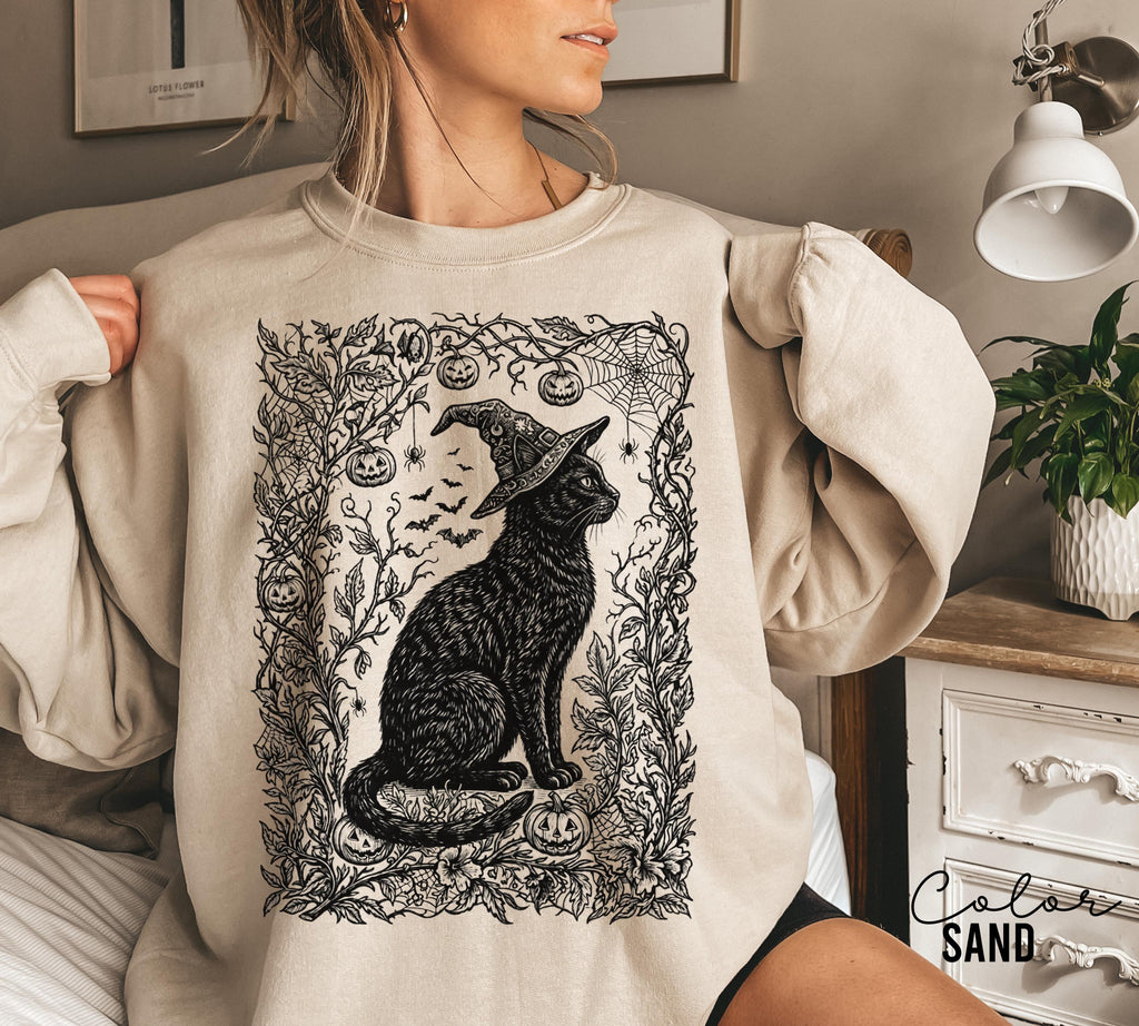 Witchy Black Cat Halloween Shirt, Gothic Cat Botanical Tee, Dark Floral Cat Halloween, Cat Lover Spooky Gift