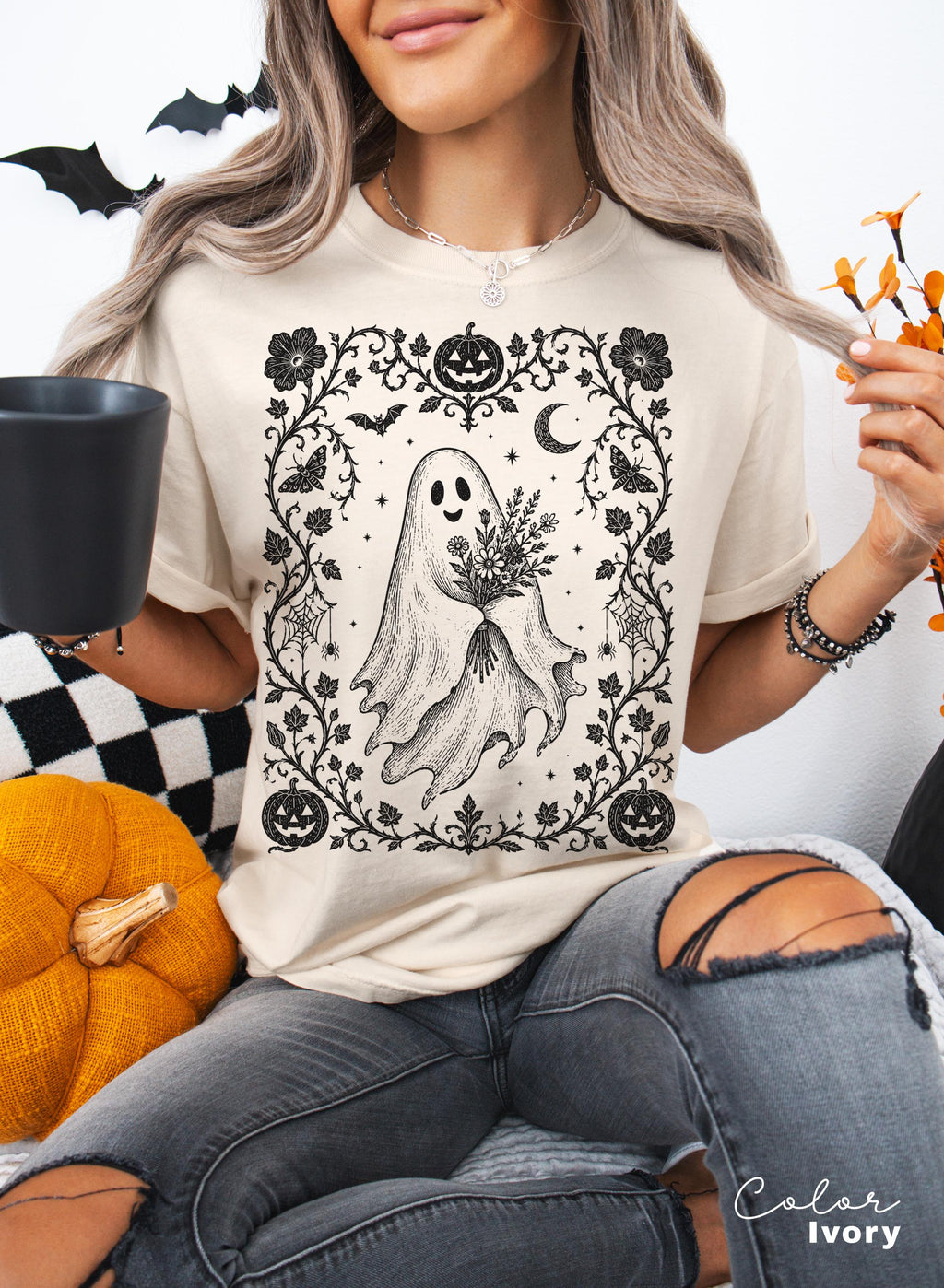 Dark Floral Ghost Halloween Shirt, Gothic Ghost Tee, Cute Spooky Ghost Halloween, Ghost Lover Gift For Her