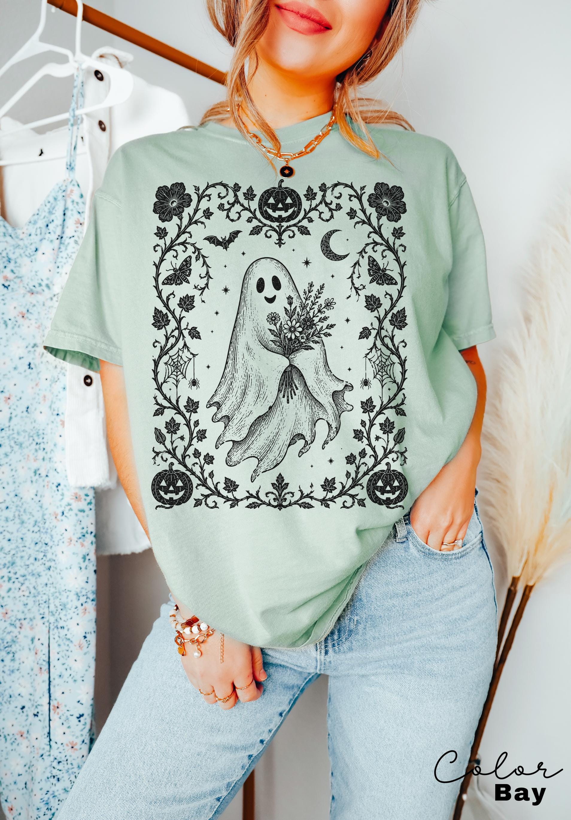 Dark Floral Ghost Halloween Shirt, Gothic Ghost Tee for Women