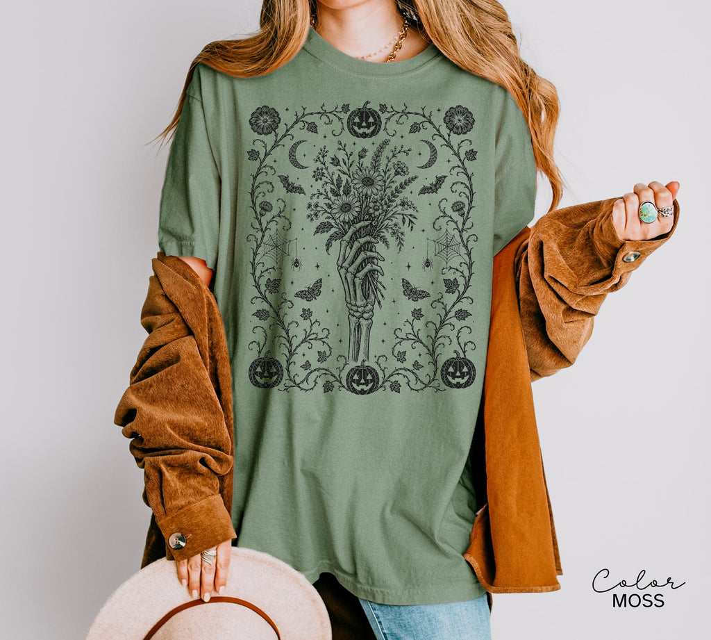 Gothic Skeleton Halloween Shirt, Dark Floral Skeleton Hand, Cottagecore Skeleton Halloween,