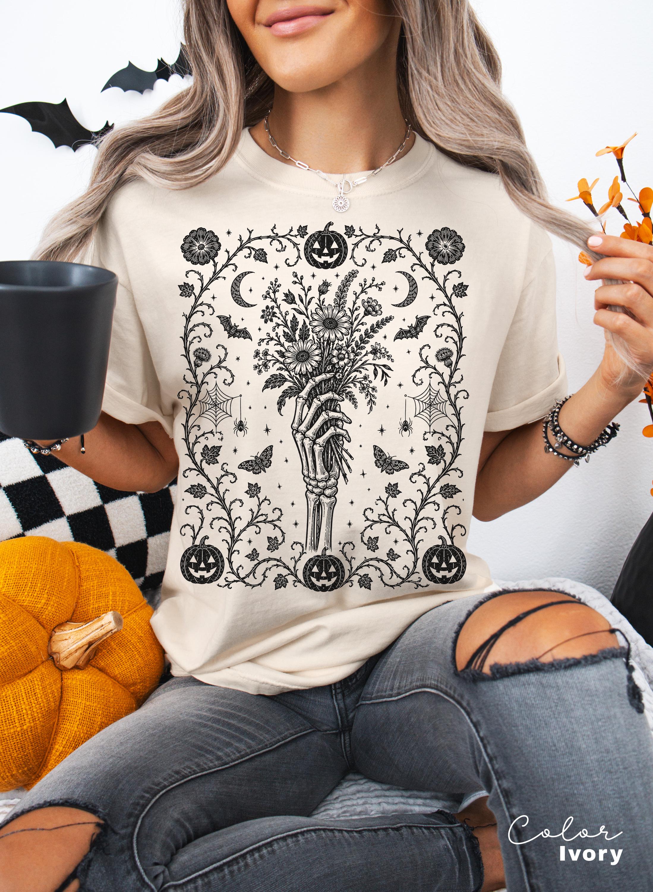 Gothic Skeleton Halloween Shirt, Dark Floral Skeleton Hand, Cottagecore Skeleton Halloween,