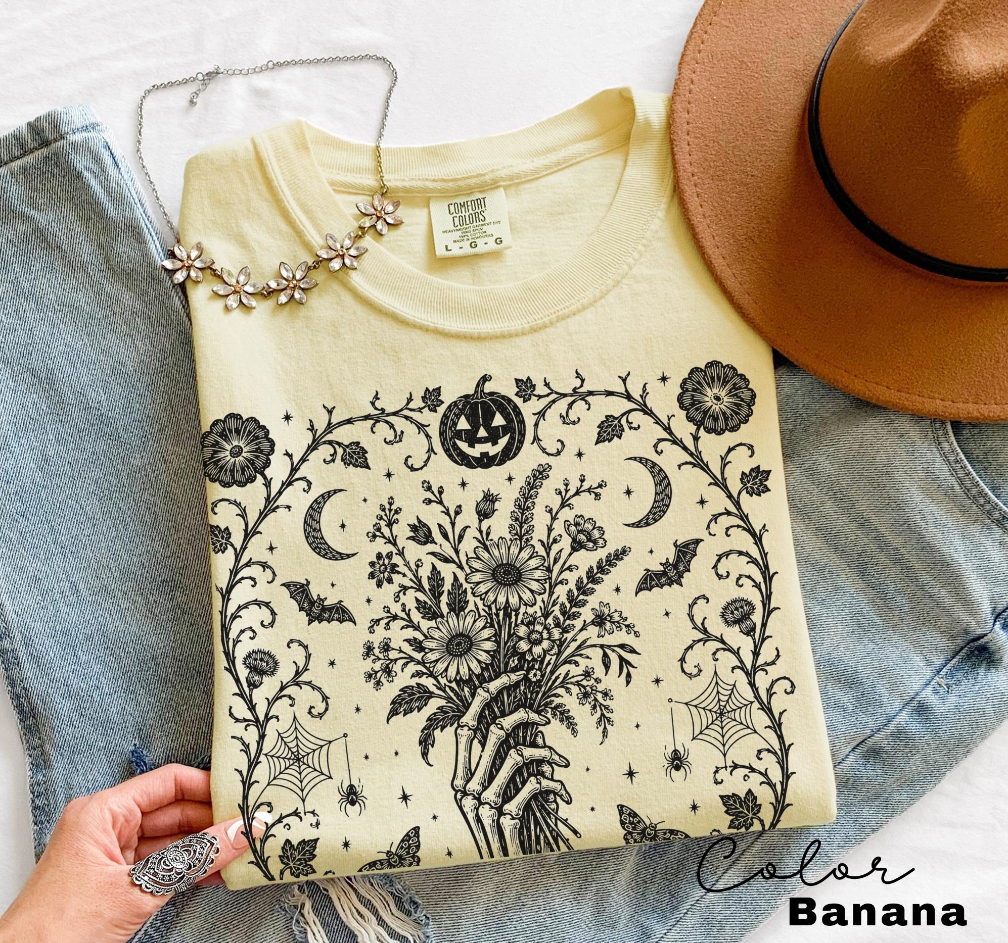 Gothic Skeleton Halloween Shirt, Dark Floral Skeleton Hand, Cottagecore Skeleton Halloween,