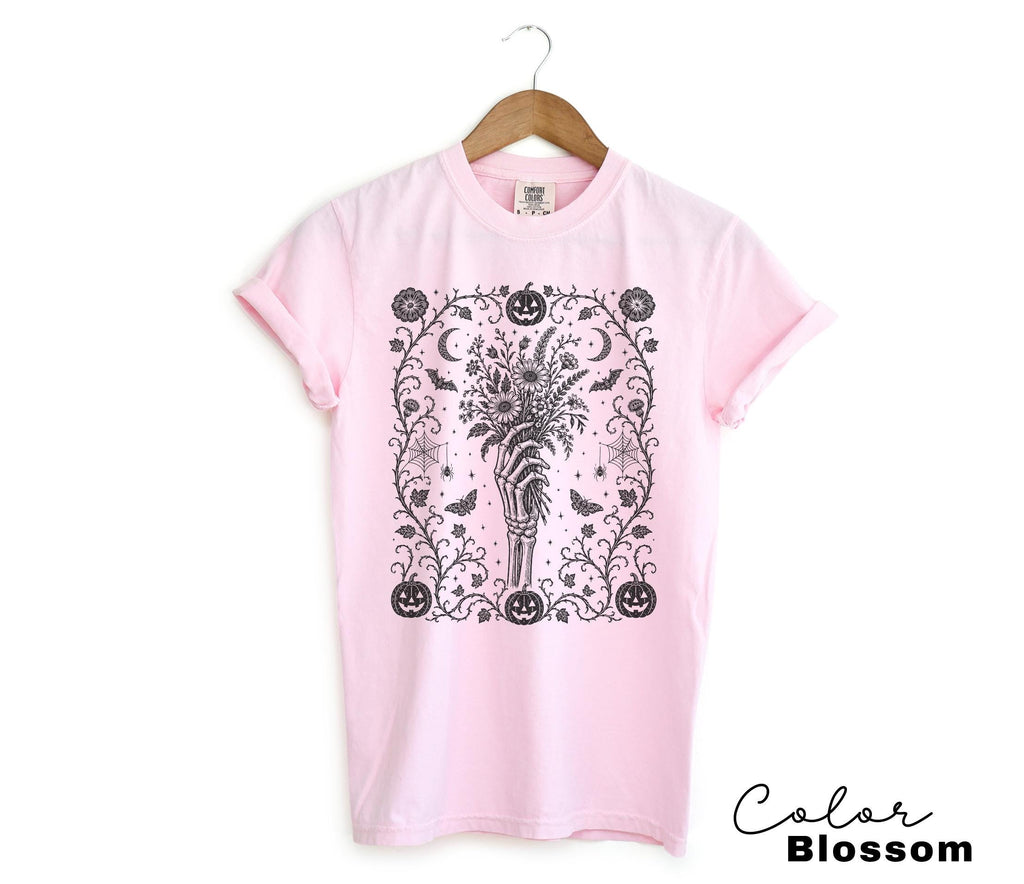 Gothic Skeleton Halloween Shirt with Dark Floral Skeleton Hand Design