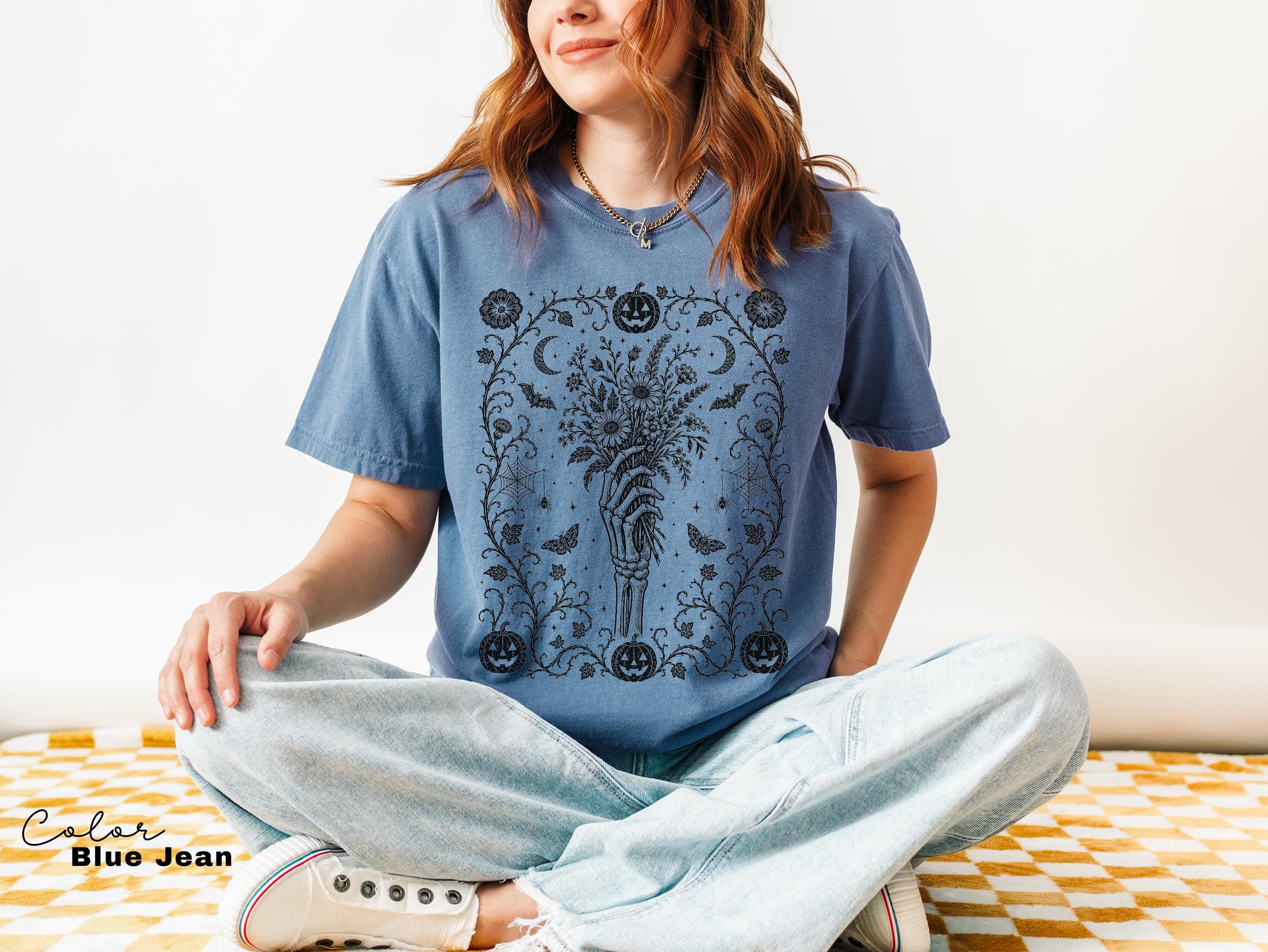 Gothic Skeleton Halloween Shirt with Dark Floral Skeleton Hand Design