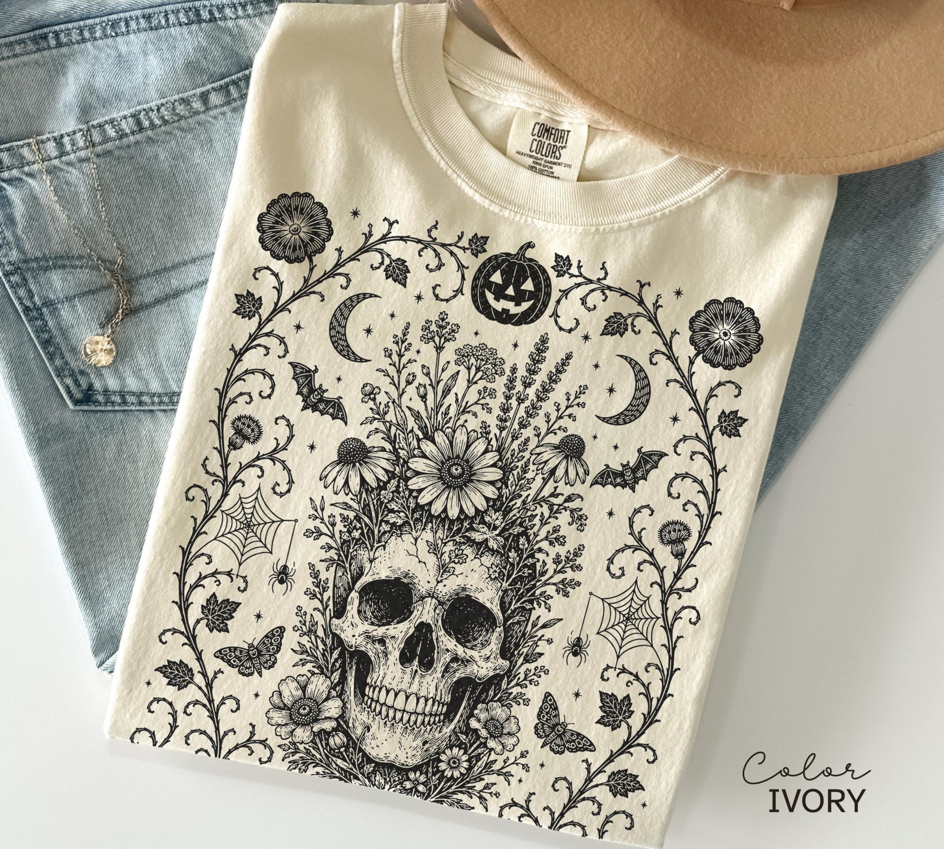 Dark Gothic Floral Skull Halloween Shirt, Dark Academia Skull, Botanical Skull Halloween Gift, Halloween Sweatshirt