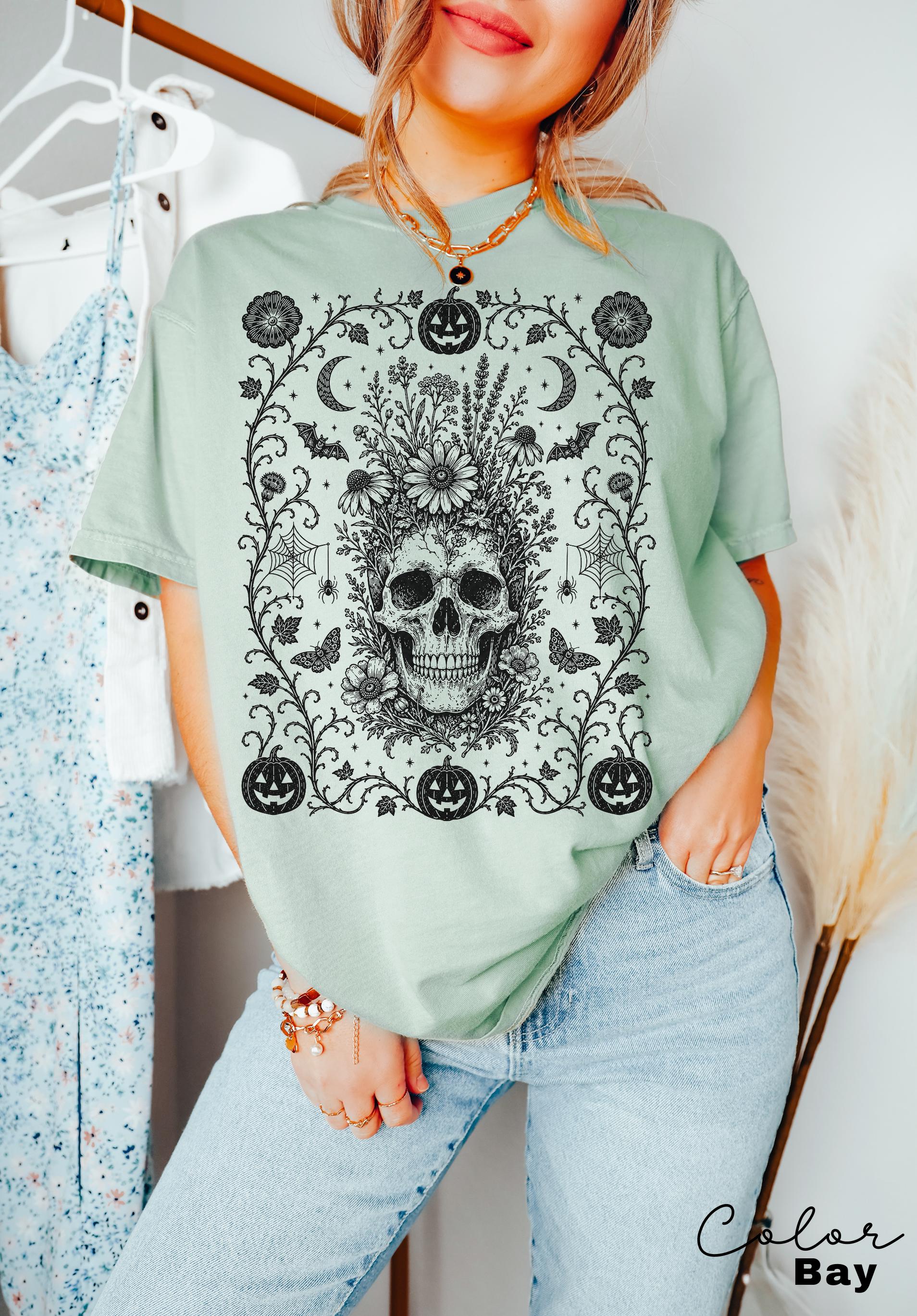Dark Gothic Floral Skull Halloween Shirt, Dark Academia Skull, Botanical Skull Halloween Gift, Halloween Sweatshirt