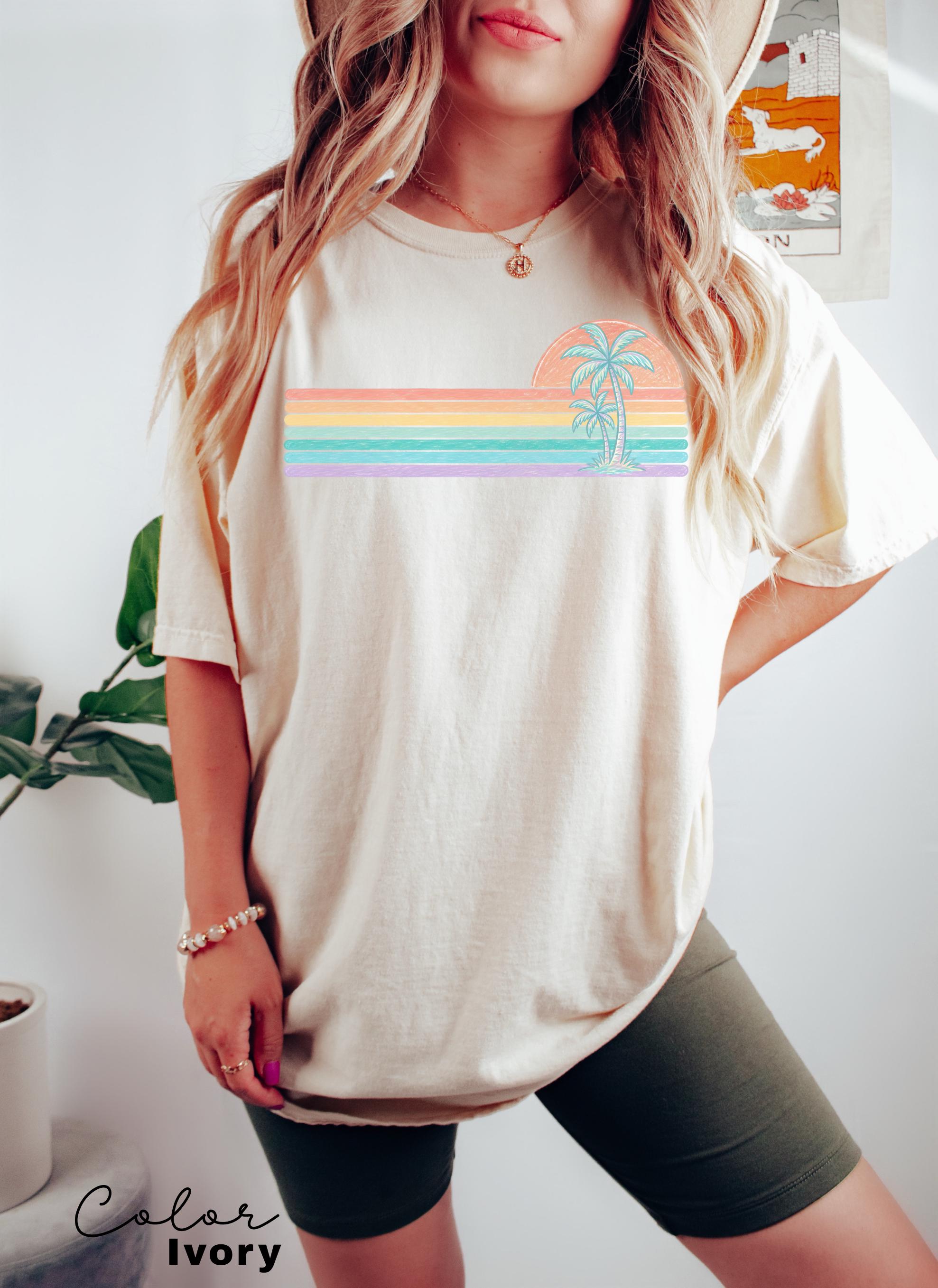 Retro Sun Summer Stripes Shirt, Comfort Colors Coastal Ocean Summer Tee, Beach Vacation Pastel Neon Sunshine Shirt