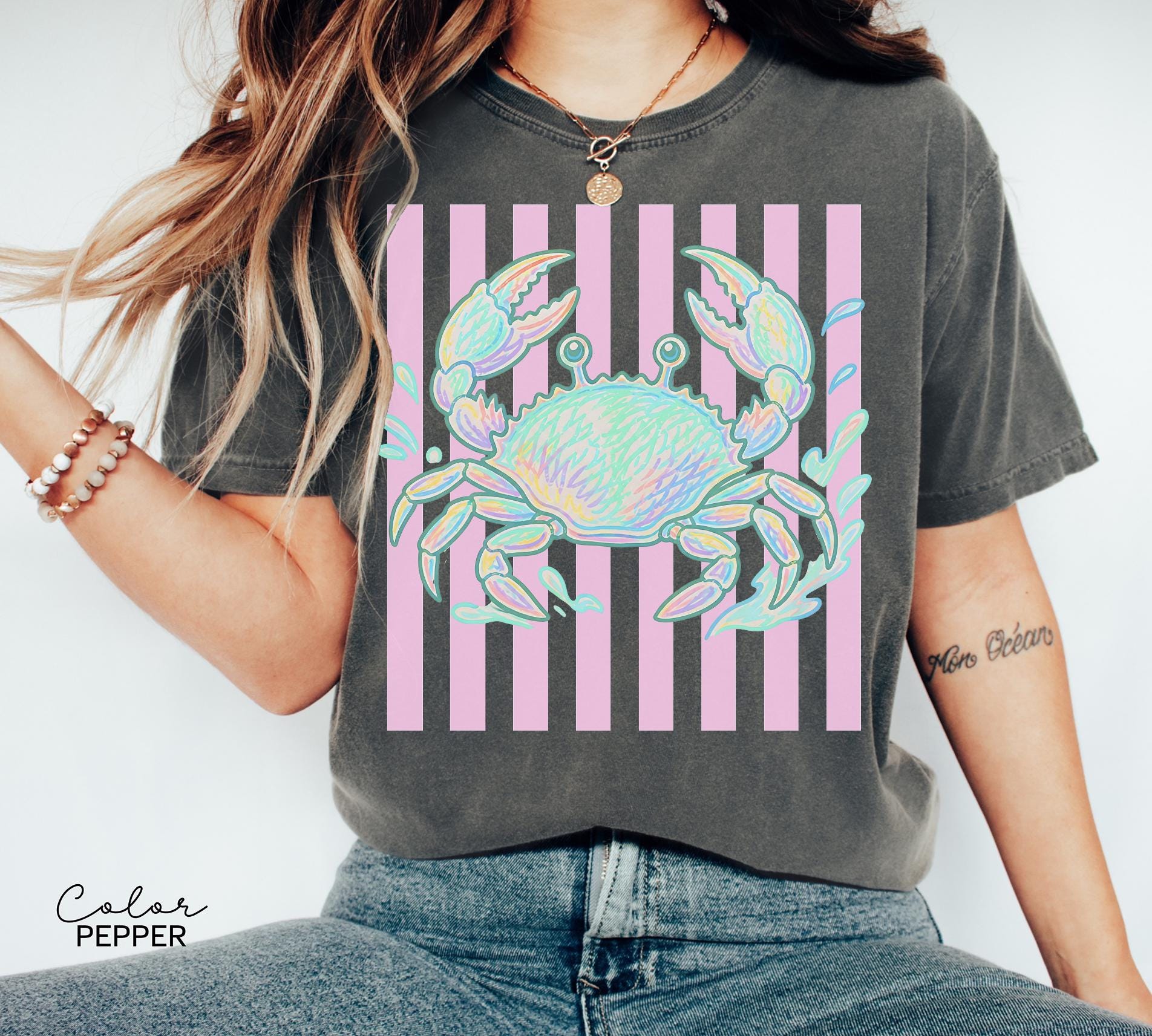 Summer Crab Shirt, Beach Vibes Pastel Neon Comfort Colors Tee, Summer Vacation,