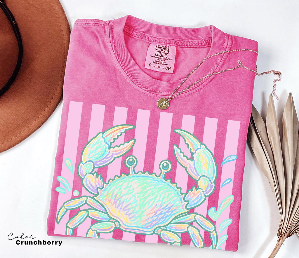 Summer Crab Shirt, Beach Vibes Pastel Neon Comfort Colors Tee, Summer Vacation,