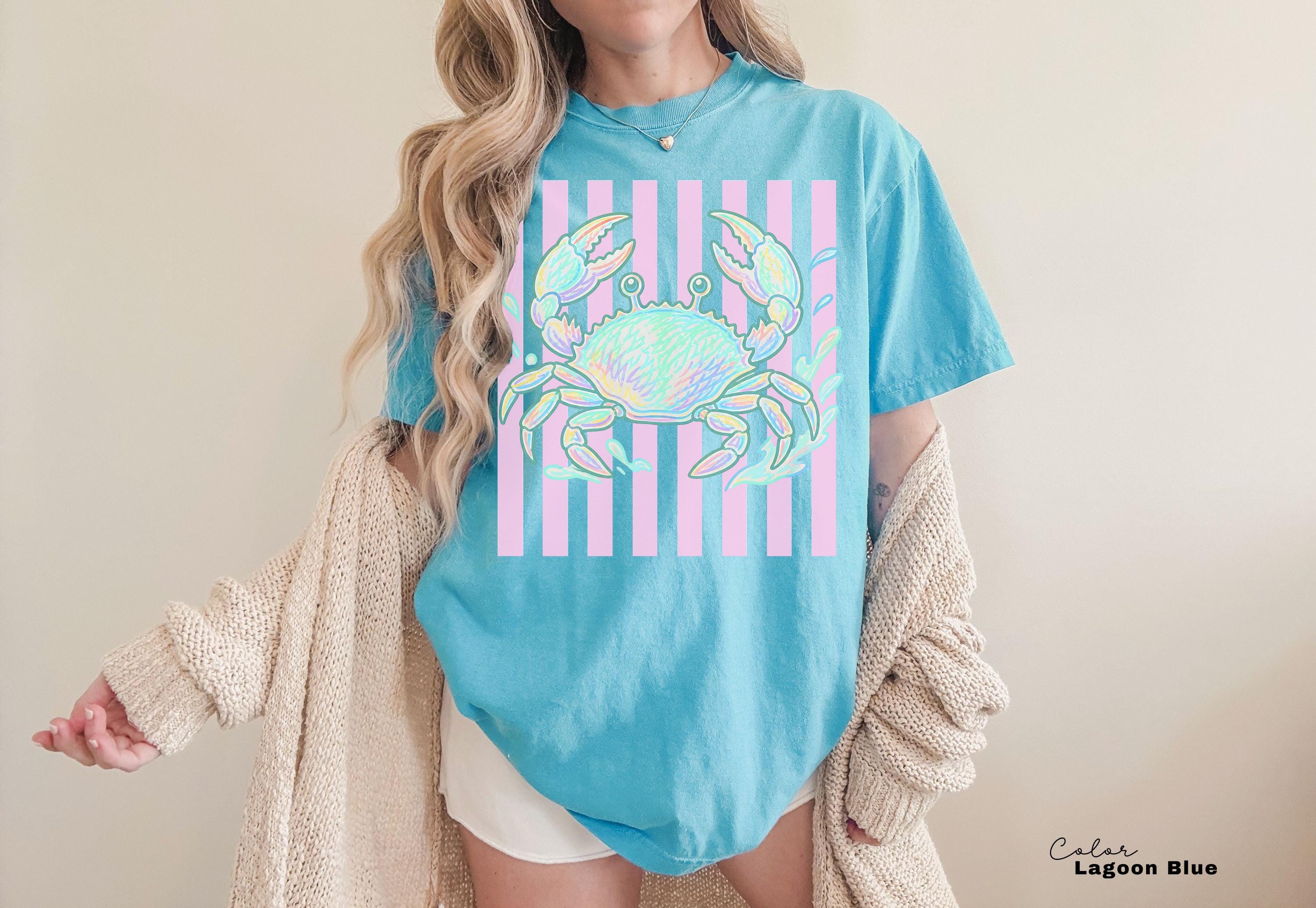 Summer Crab Shirt, Beach Vibes Pastel Neon Comfort Colors Tee, Summer Vacation,