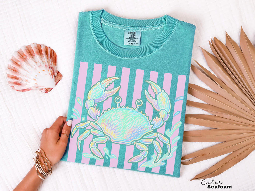 Summer Crab Shirt, Beach Vibes Pastel Neon Comfort Colors Tee, Summer Vacation,