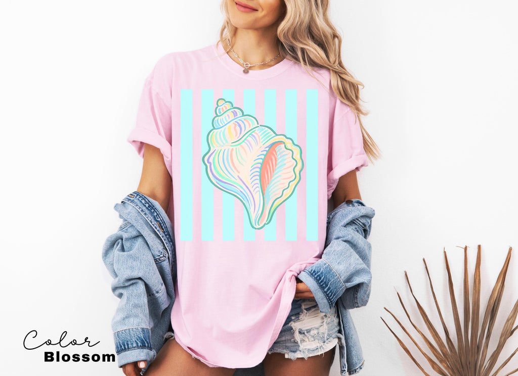 Summer Seashell Comfort Colors® Shirt, Pastel Neon Color Tee, Summer Vacation Beach Shirt
