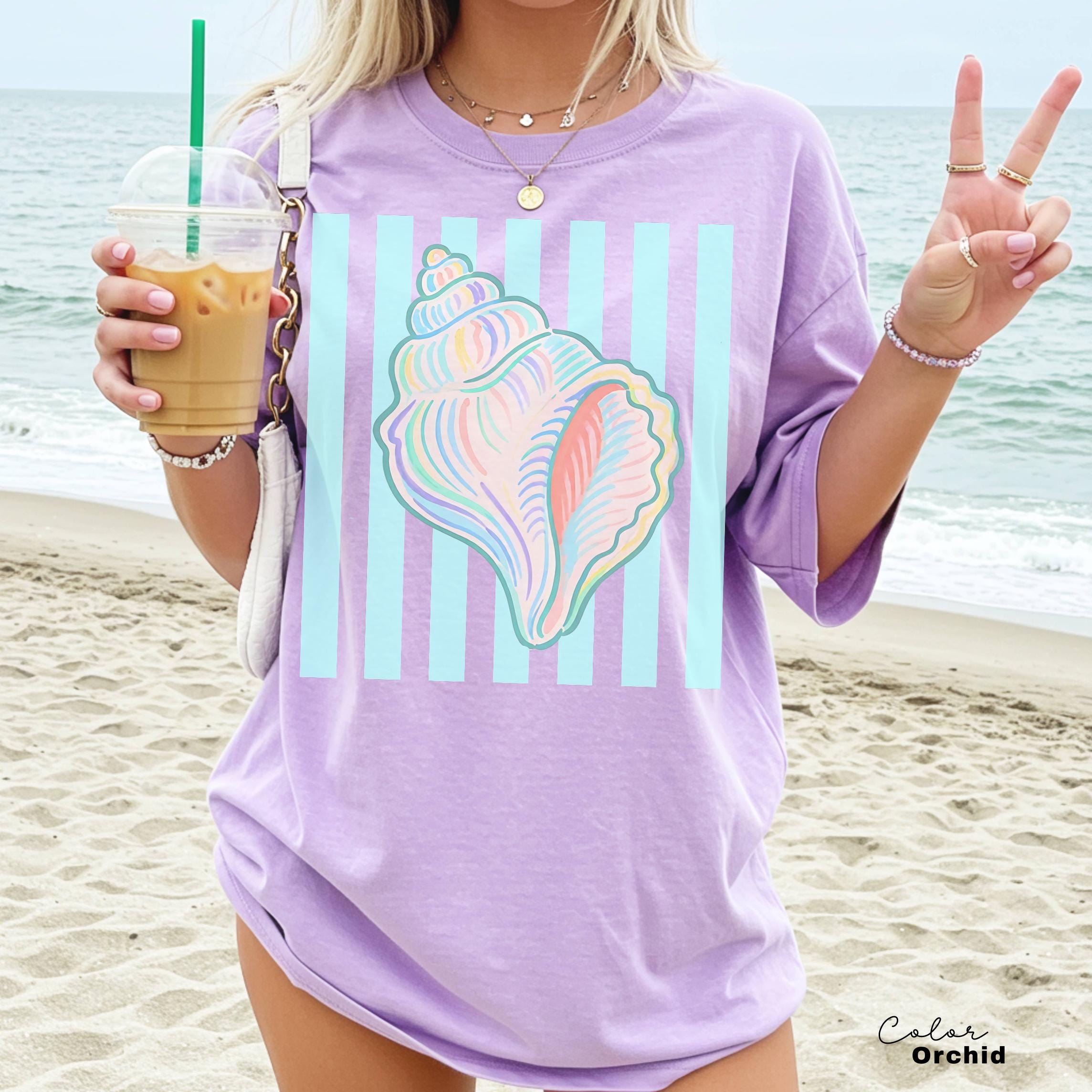 Summer Seashell Comfort Colors® Shirt, Pastel Neon Color Tee, Summer Vacation Beach Shirt