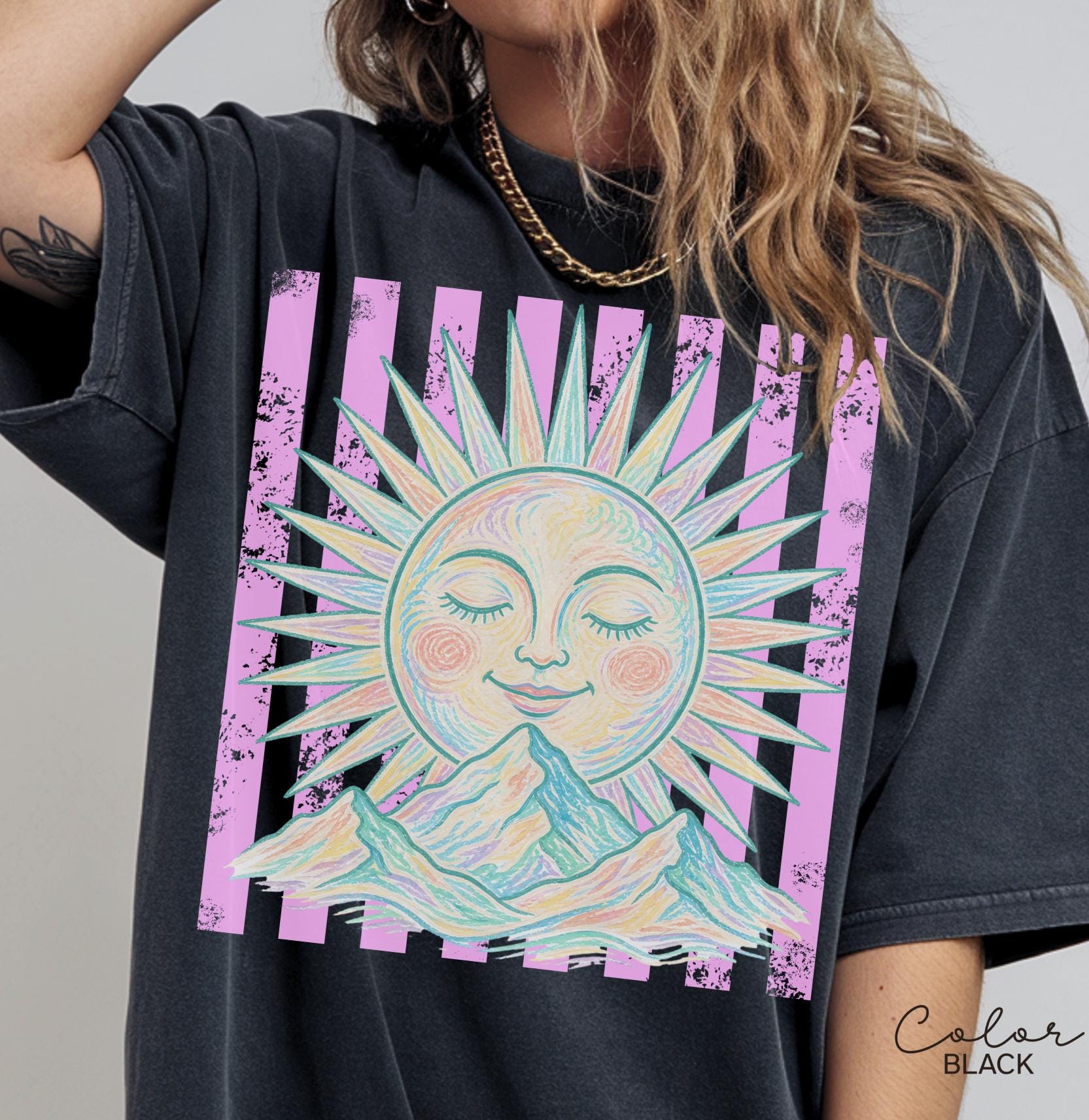 Retro Summer Boho Sun Shirt, Comfort Colors Vintage Sun Tee, Summer Pastel Neon