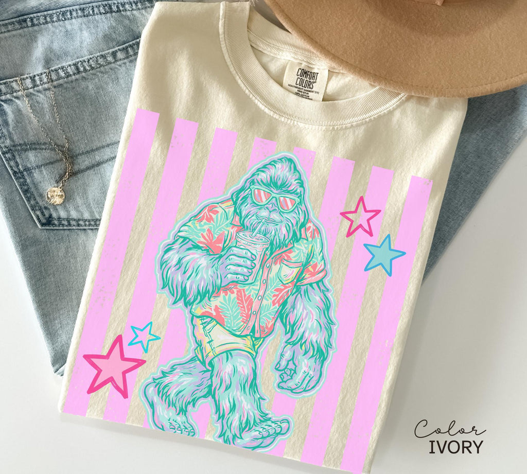 Bigfoot Summer Comfort Colors Tee, Pastel Neon Summer Shirt, Comfort Colors Oversized tee, Beach Tee