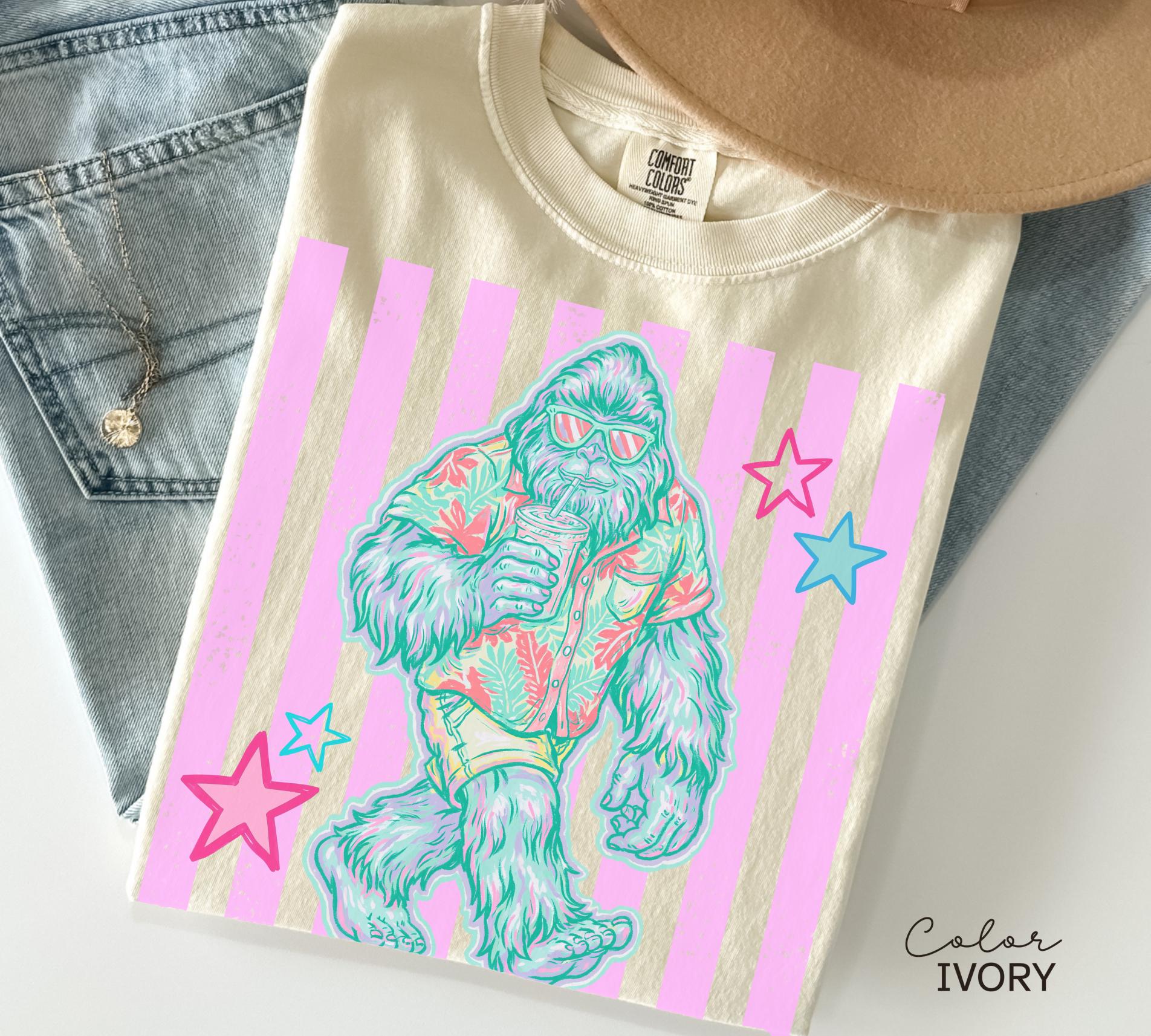 Bigfoot Summer Comfort Colors Tee, Pastel Neon Summer Shirt, Comfort Colors Oversized tee, Beach Tee