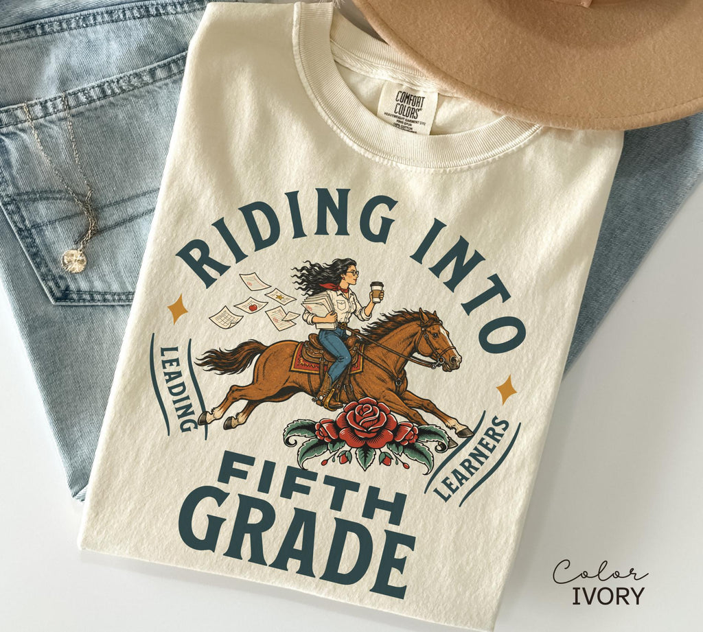 Fifth Grade Teacher Shirt, Comfort Colors Riding Into Fifth Grade Tee, Retro Teacher Shirt, Teacher Gift