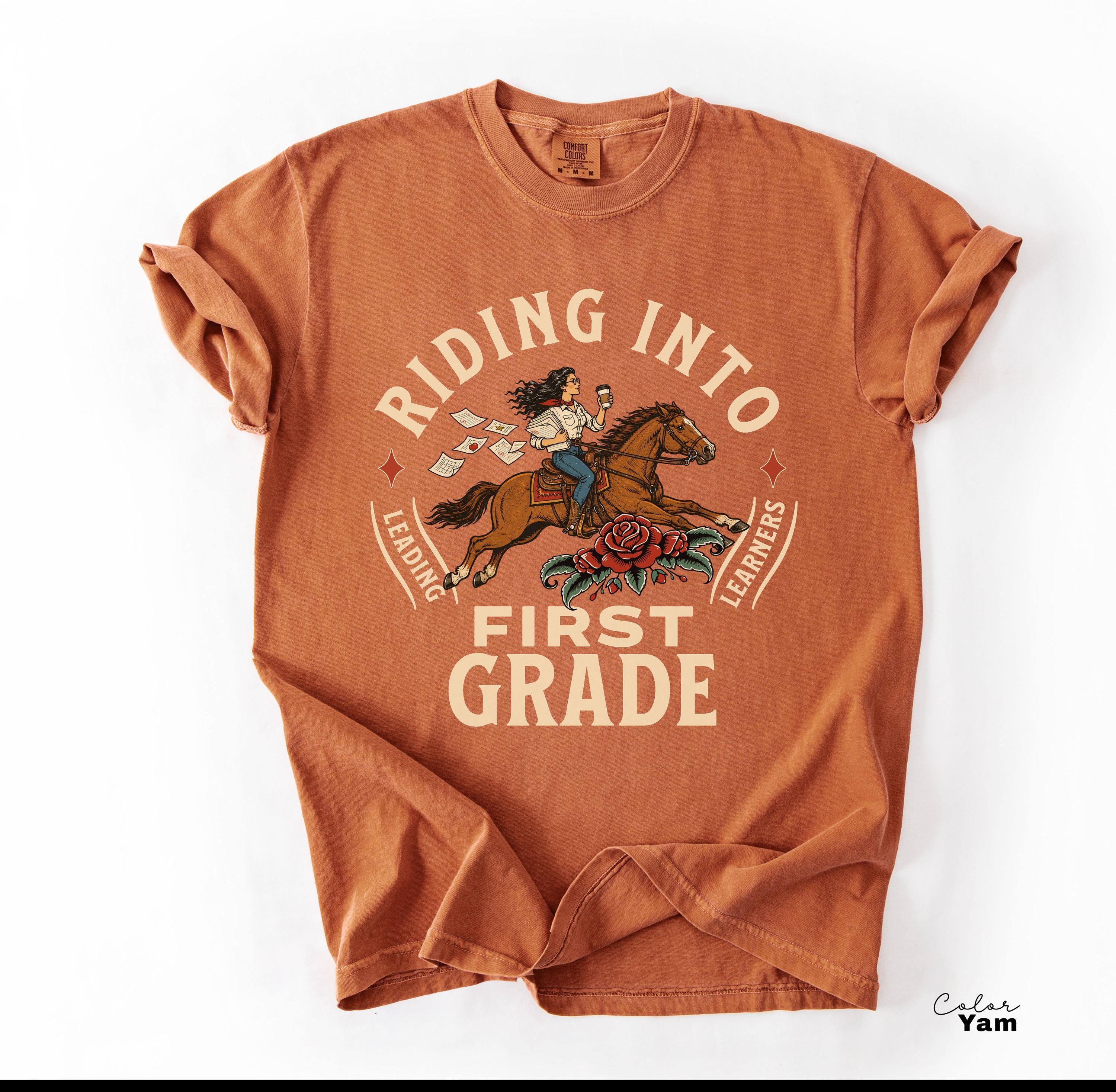 First Grade Teacher Shirt, Comfort Colors Riding Into First Grade Tee, Western Retro Teacher Shirt, Teacher Gift
