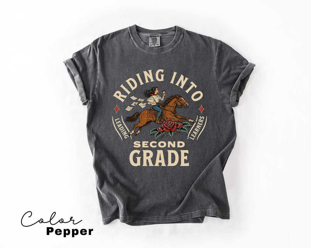 Second Grade Teacher Shirt, Comfort Colors Riding Into Second Grade Tee, Western Teacher Shirt, Teacher Group Tee