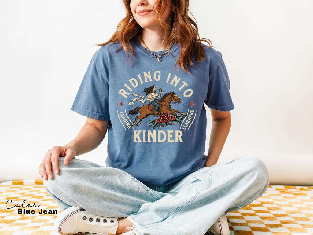 Kindergarten Teacher Shirt, Comfort Colors Riding Into Kinder Tee, Western Teacher Shirt, Teacher Gift