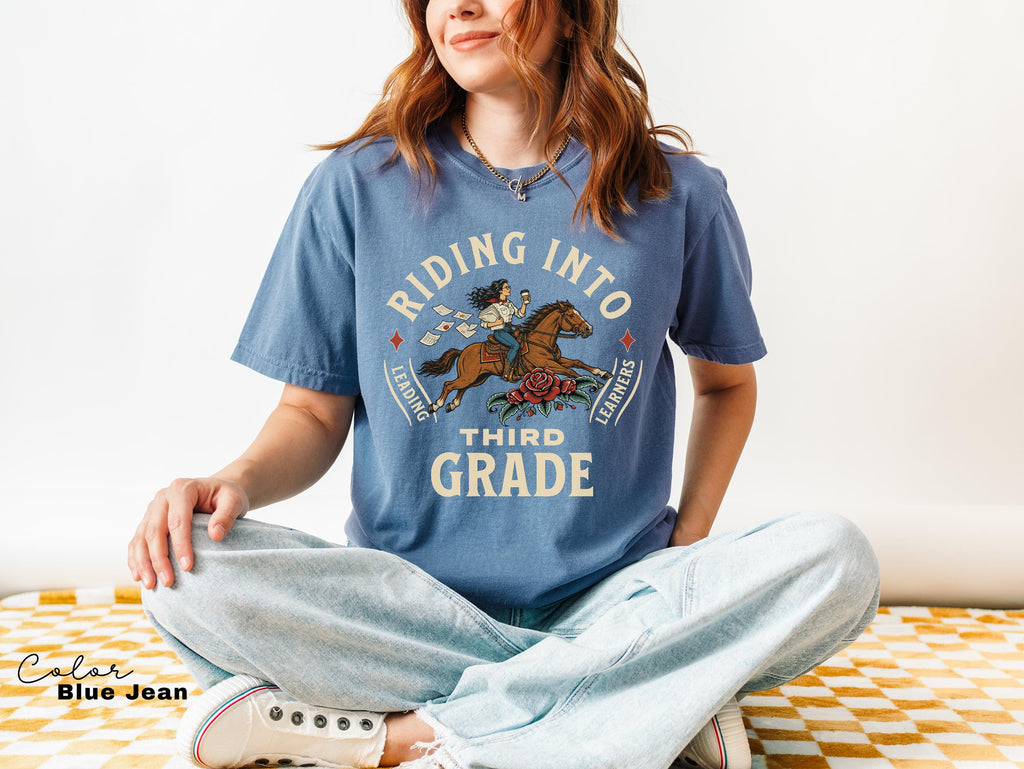 Third Grade Teacher Shirt, Comfort Colors Riding Into Third Grade Tee, Western Retro Teacher Shirt, Teacher Gift