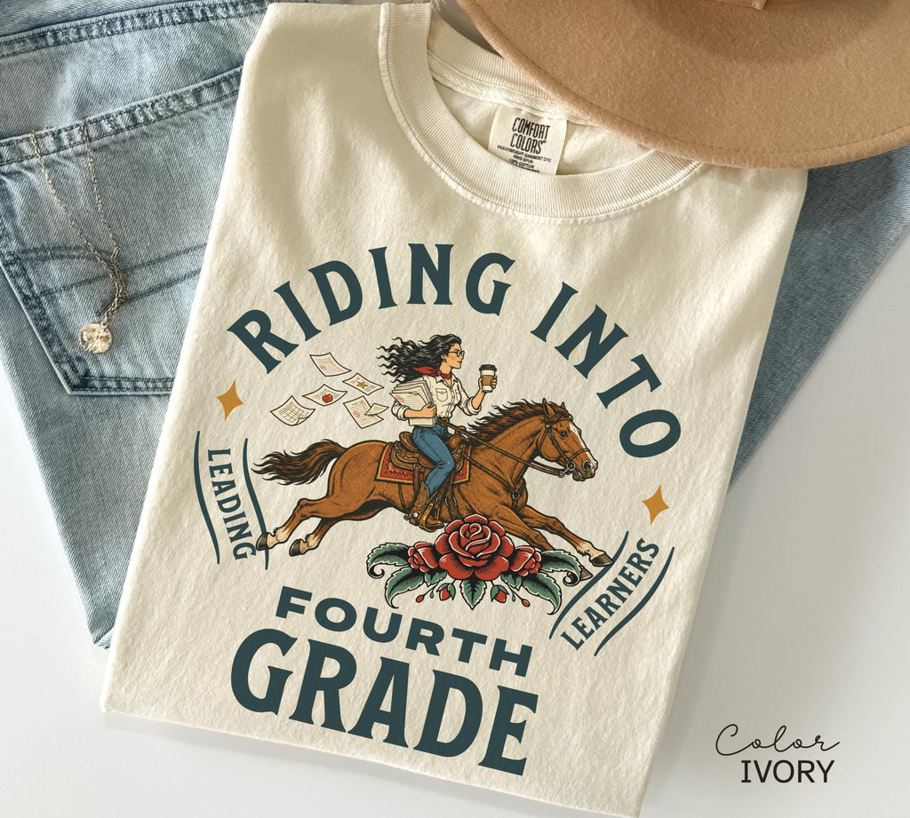 Fourth Grade Teacher Shirt, Comfort Colors Riding Into Fourth Grade Tee, Western Teacher Shirt, Teacher Gift