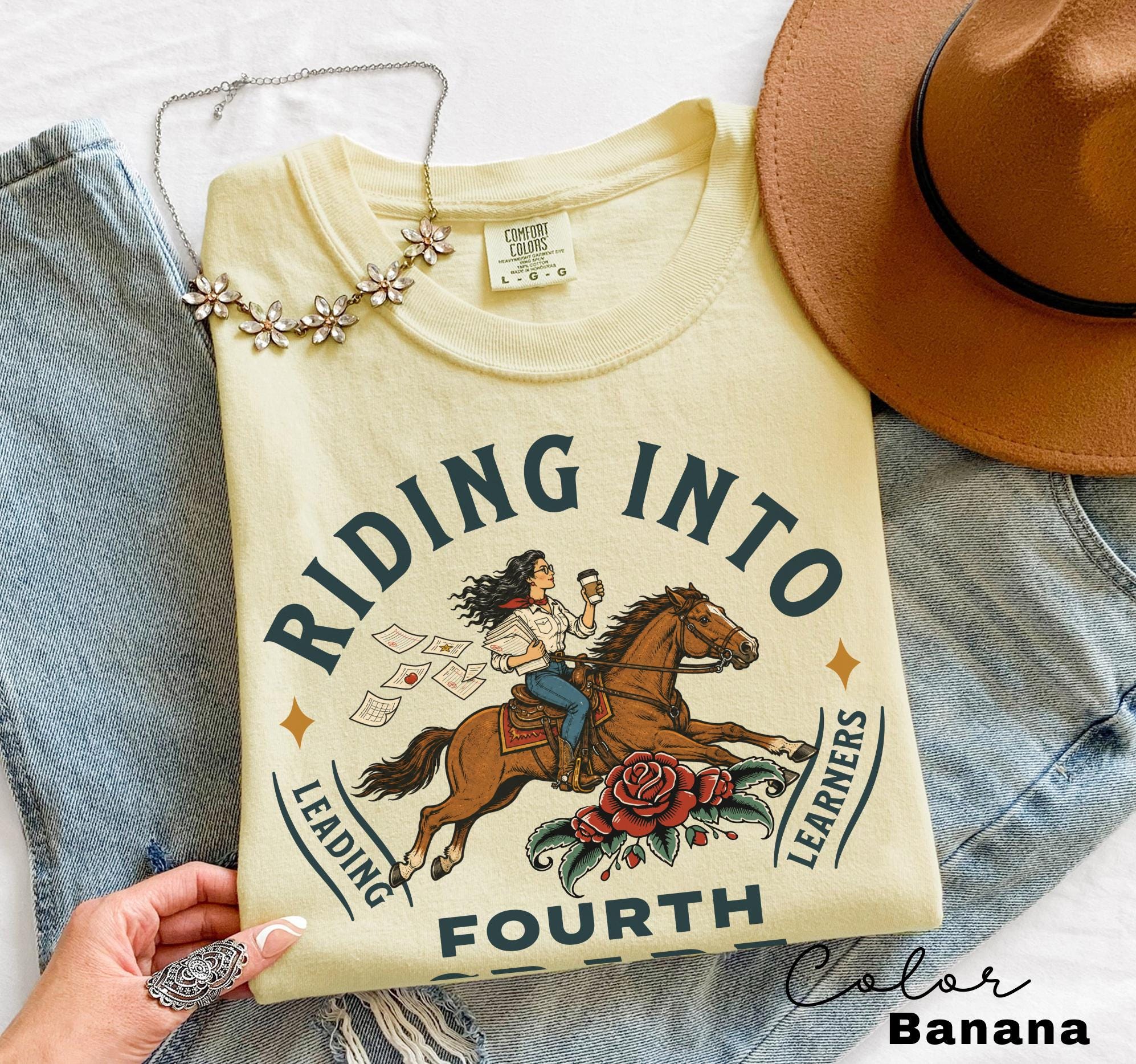 Fourth Grade Teacher Shirt, Comfort Colors Riding Into Fourth Grade Tee, Western Teacher Shirt, Teacher Gift
