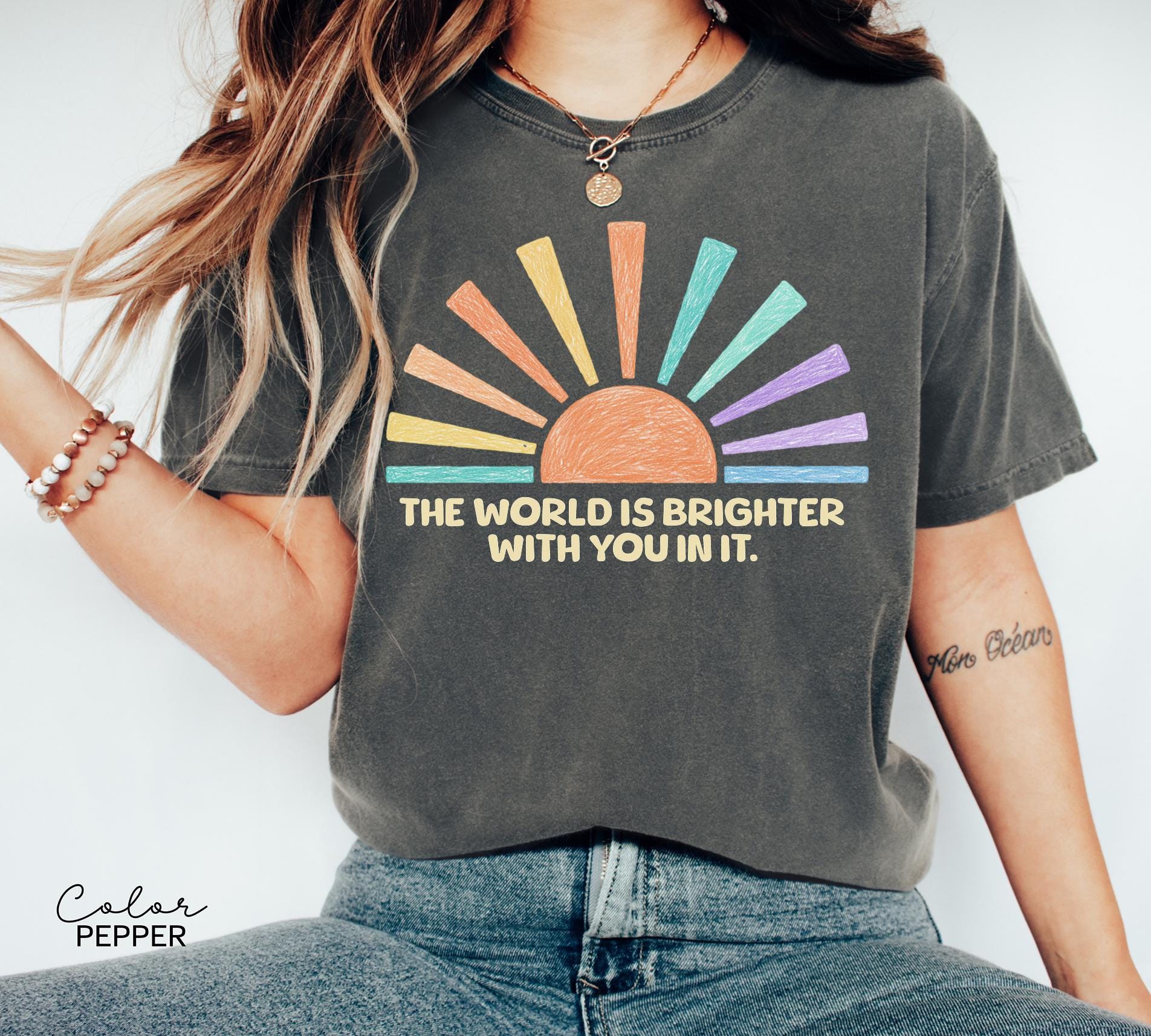 Teacher Shirt Mental Health Tee, Motivational Saying, The World Is Brighter With You In It, School Counselor, Comfort Colors