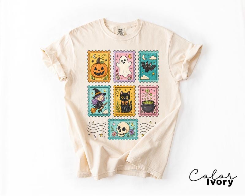 Postage Stamp Halloween T-Shirt, Cute Spooky Witch Cat Ghost Tee, Comfort Colors Tee