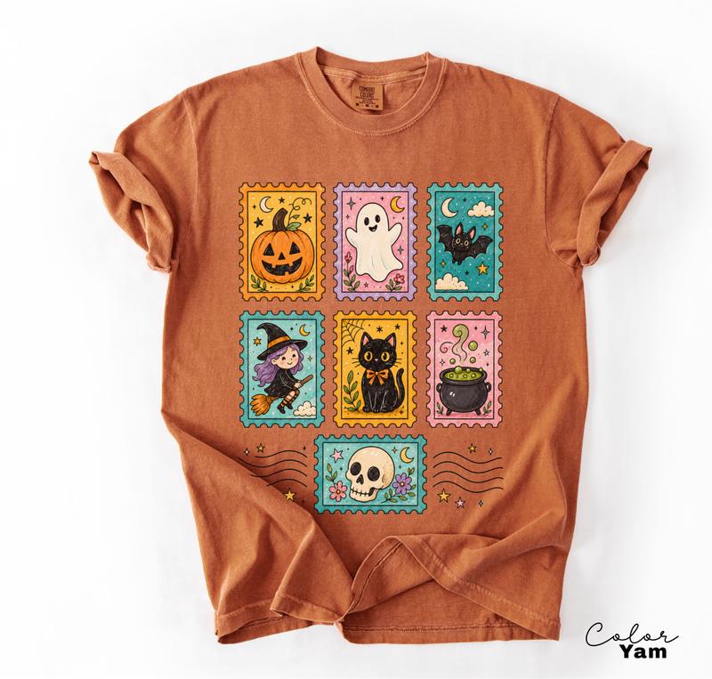 Postage Stamp Halloween T-Shirt, Cute Spooky Witch Cat Ghost Tee, Comfort Colors Tee