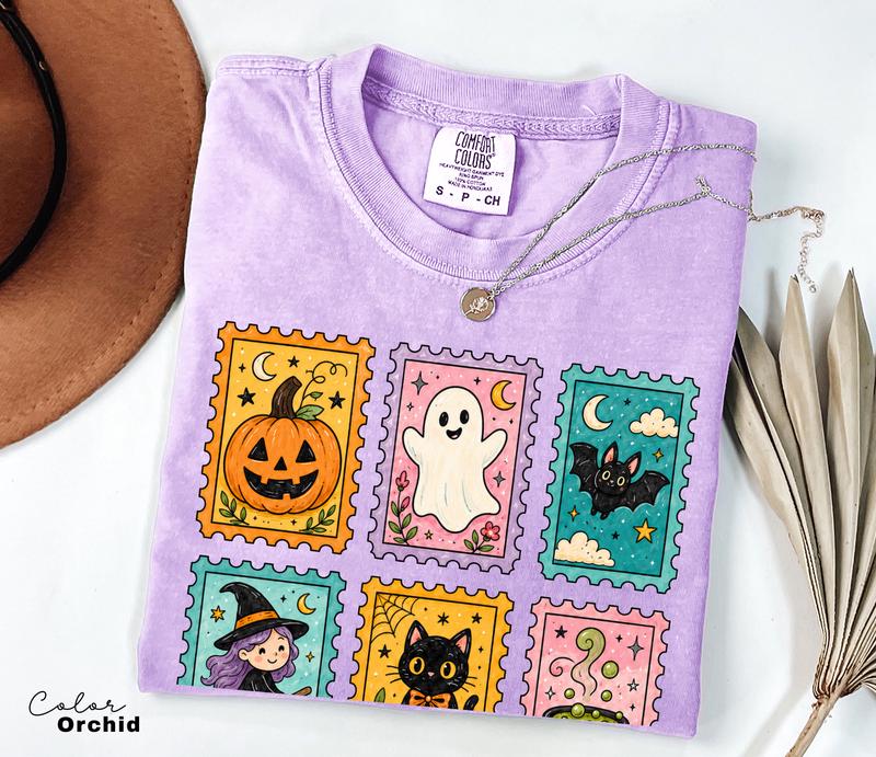 Postage Stamp Halloween T-Shirt, Cute Spooky Witch Cat Ghost Tee, Comfort Colors Tee