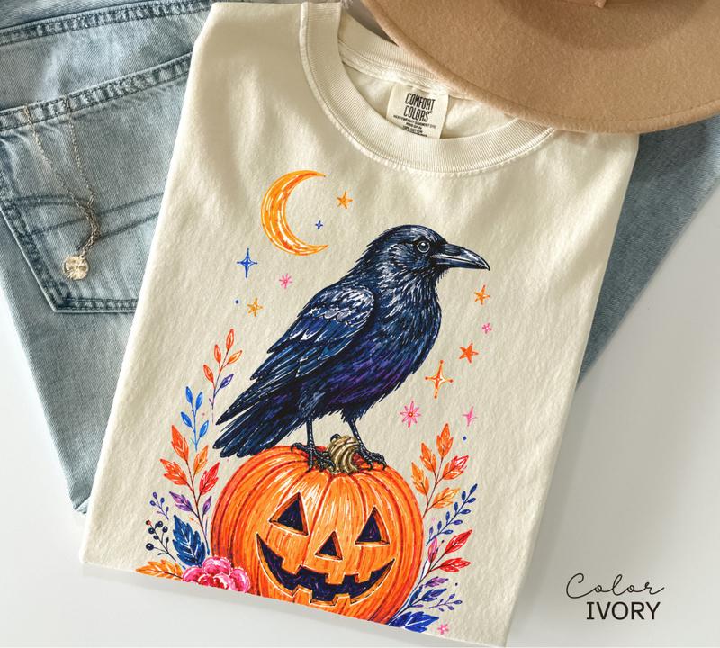 Halloween Raven Pumpkin Shirt, Fall Autumn Graphic Tee, Comfort Colors, Crow Halloween Shirt